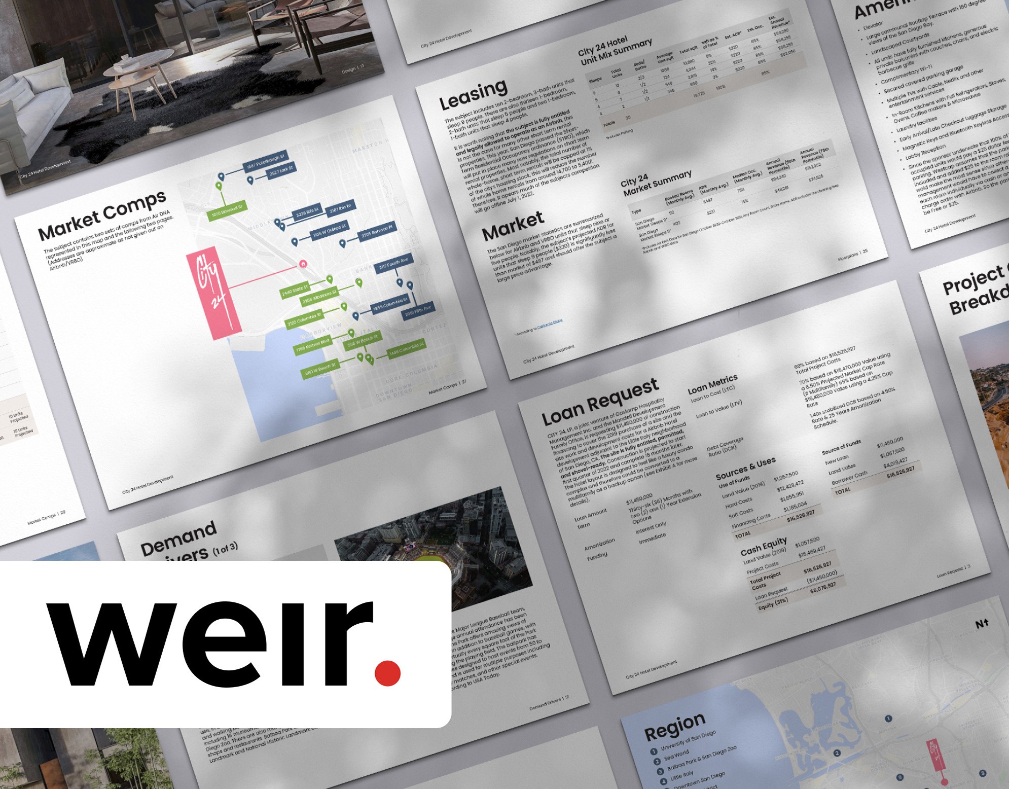 City 24 Investor Deck cover: tiled overview of deck pages covering market comps, leasing, loan request, and region maps