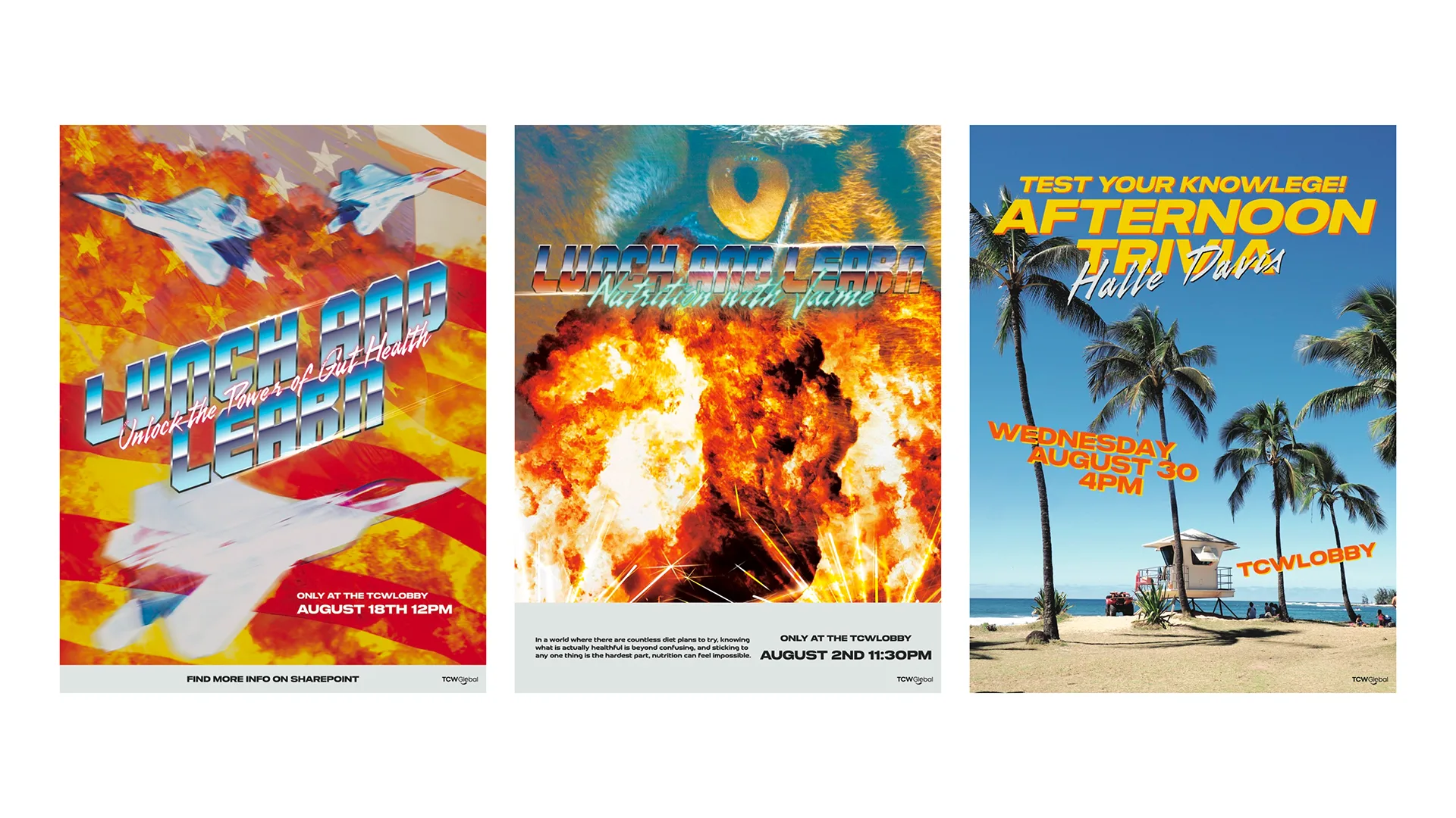 Three event posters: a jet-fighter-themed Lunch and Learn, an explosion-themed Lunch and Learn, and Afternoon Trivia