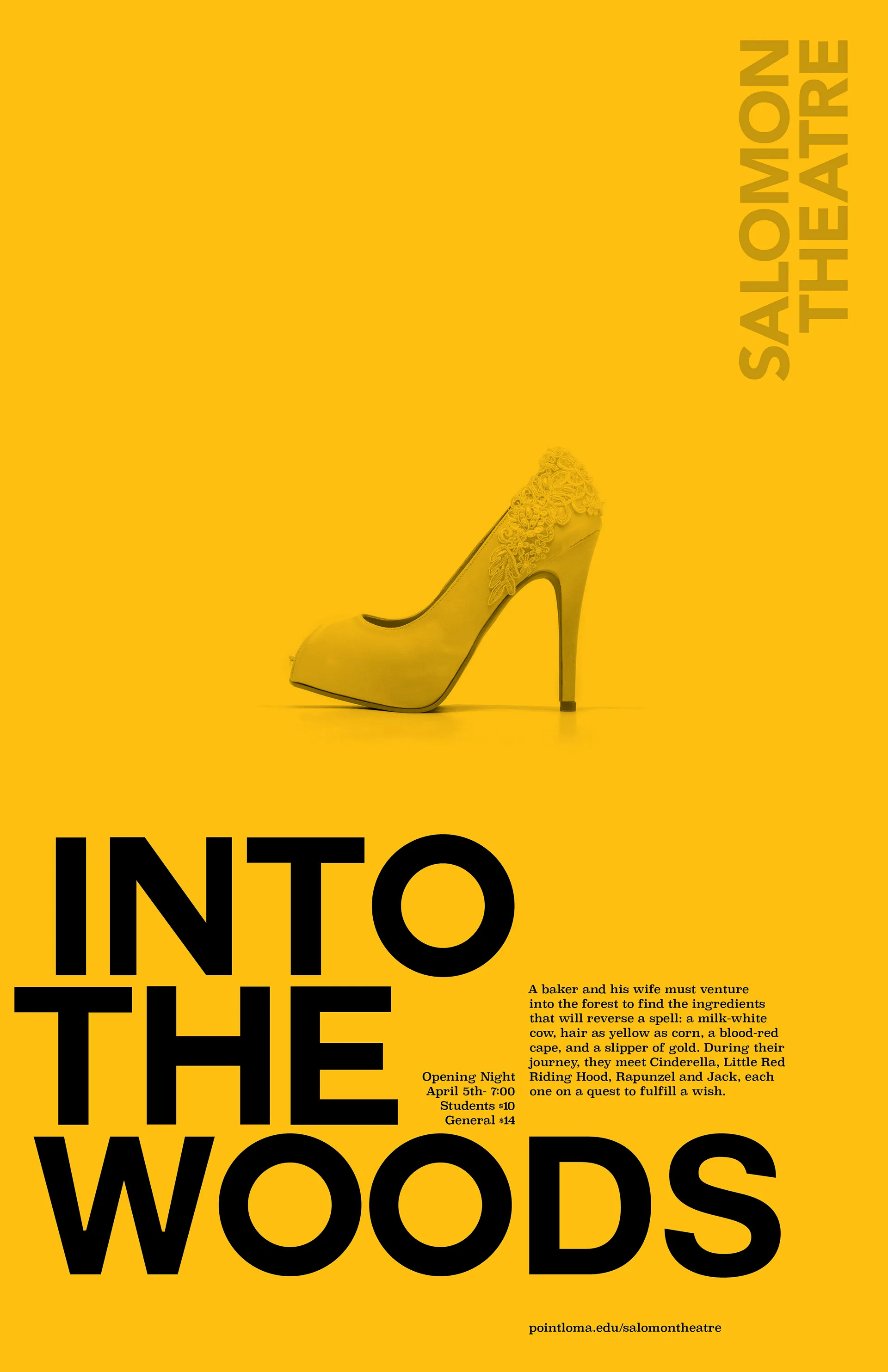 Yellow Into the Woods poster featuring a lace-trimmed high heel shoe with show details