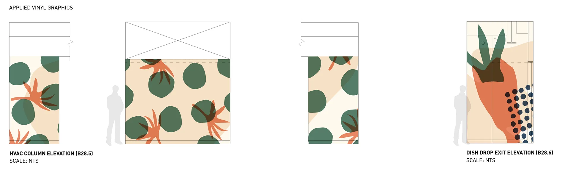 HVAC column and dish drop exit elevation with a green monstera leaf and orange carrot pattern graphic
