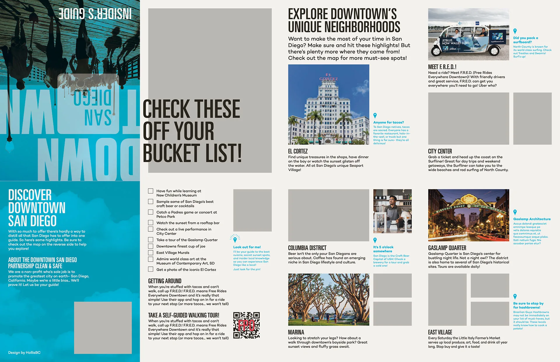 Downtown San Diego Insider's Guide proof spread with gray placeholder boxes where several photos are still missing