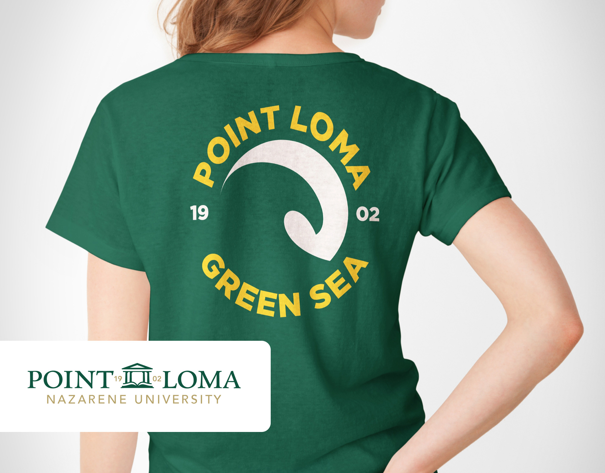 Point Loma Green Sea cover: back of a green t-shirt printed with a white wave graphic and the wordmark