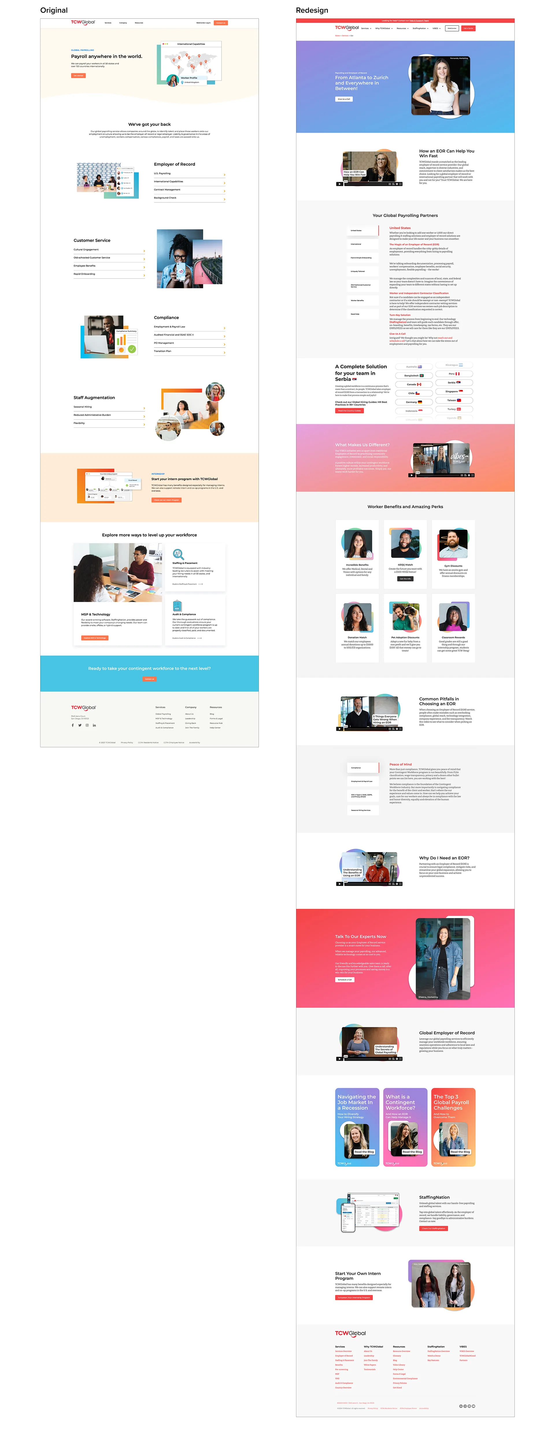 Side-by-side comparison of the original and redesigned TCWGlobal client portal homepage, shown at full page length