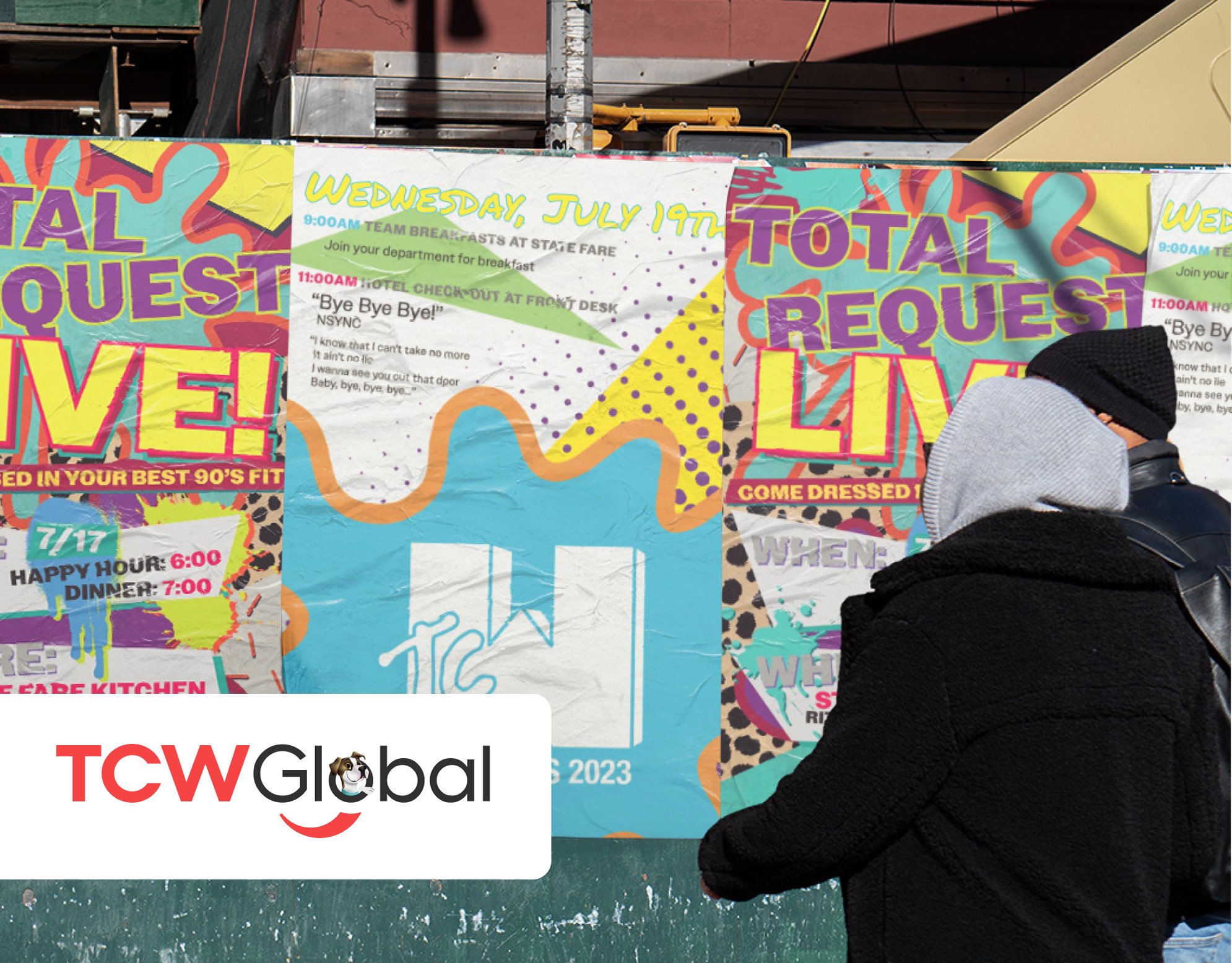 CoachThis! 2023 cover: person viewing a wall of colorful 90s-themed Total Request Live event posters with TCWGlobal branding