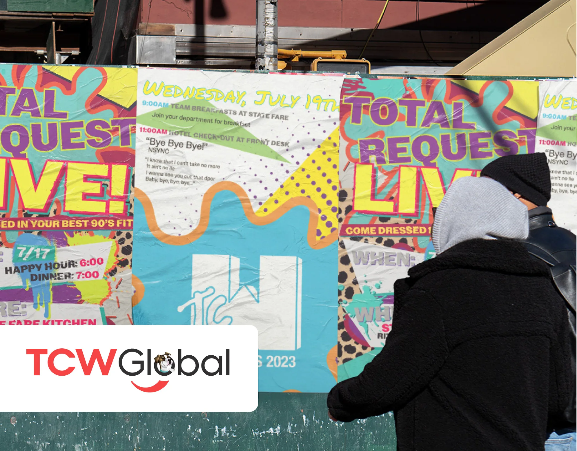 CoachThis! 2023 cover: person viewing a wall of colorful 90s-themed Total Request Live event posters with TCWGlobal branding