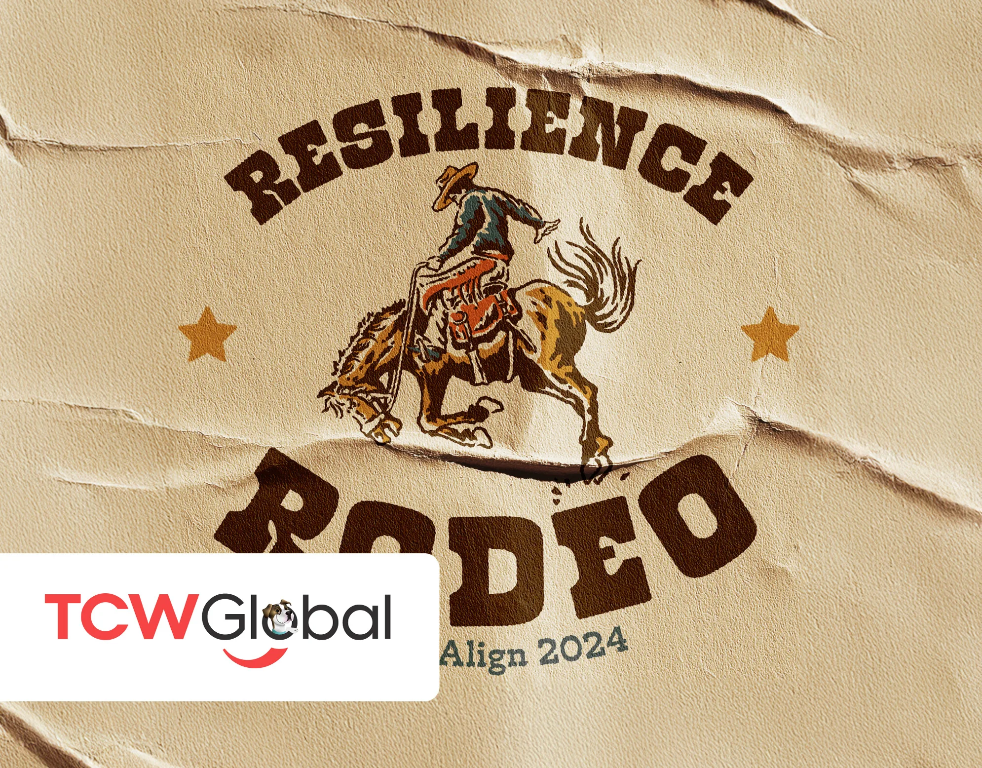 MindAlign 2024 cover: Resilience Rodeo badge logo with a bucking bronco illustration on weathered tan paper