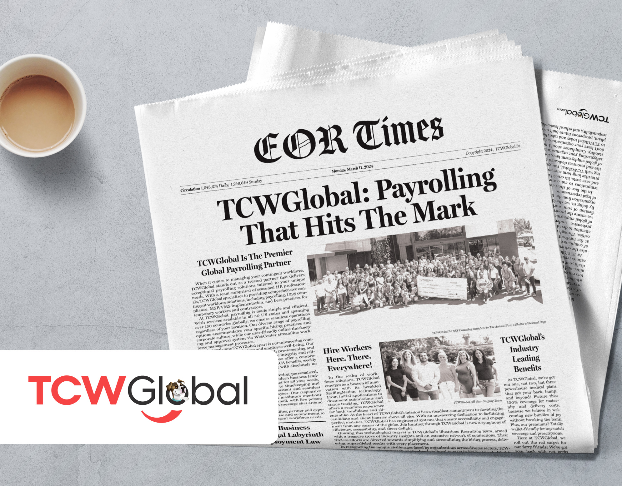 ProcureCon 2024 cover: mock newspaper front page headlined TCWGlobal: Payrolling That Hits The Mark, styled as EOR Times