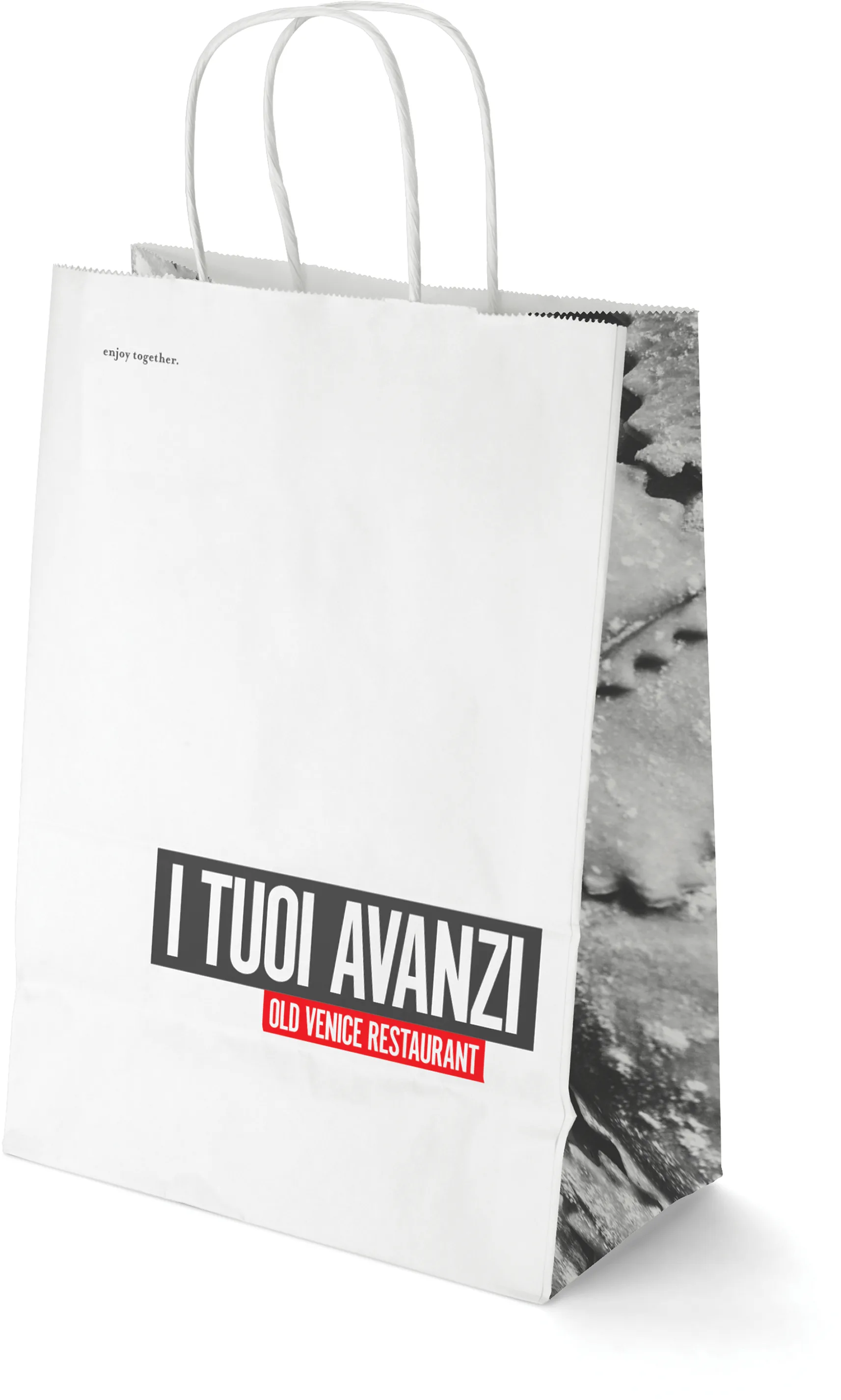 White paper to-go bag printed I Tuoi Avanzi and the Old Venice Restaurant logo