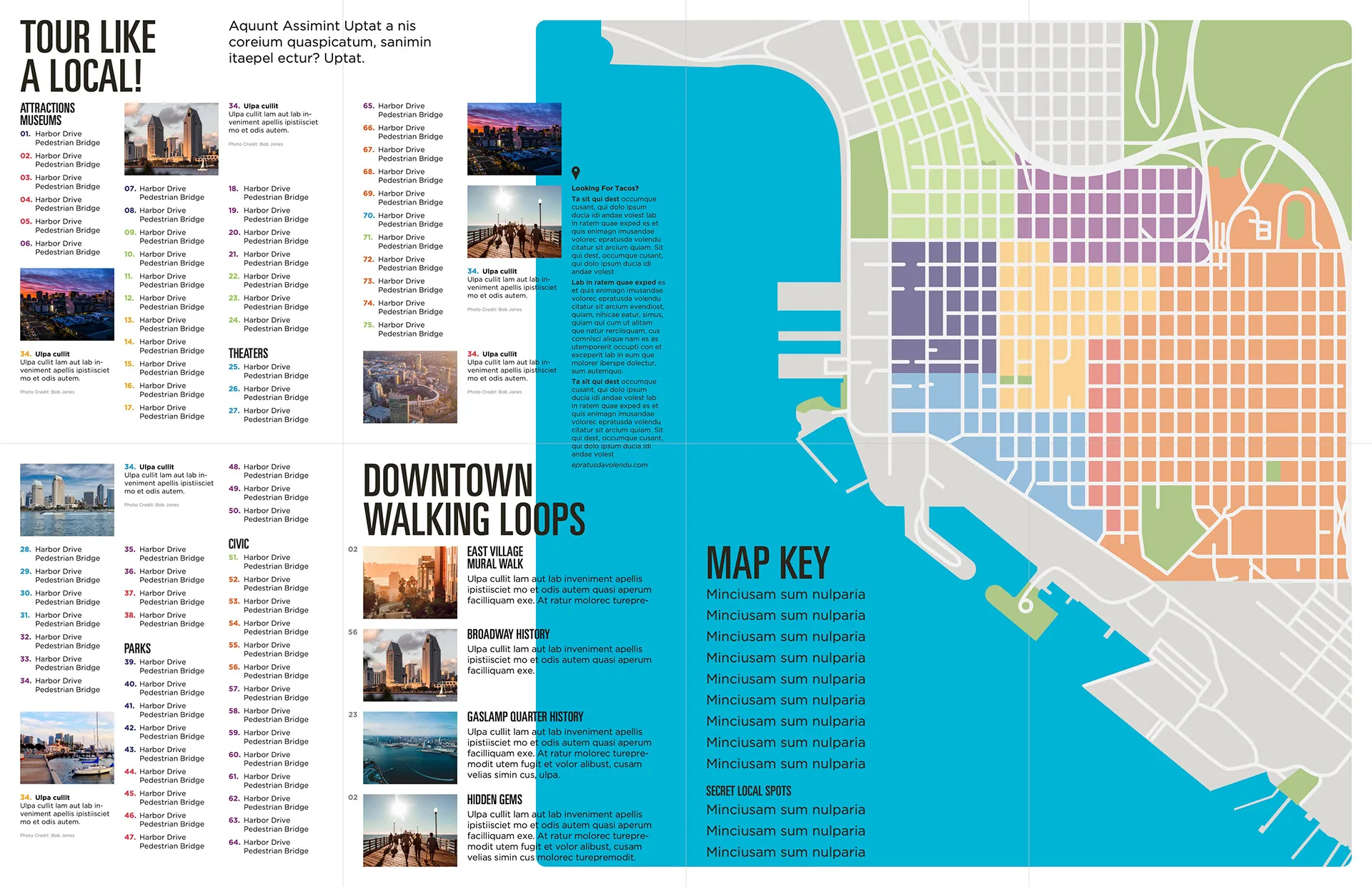 Tour Like a Local guide spread with an attractions list beside a color-coded downtown San Diego neighborhood map