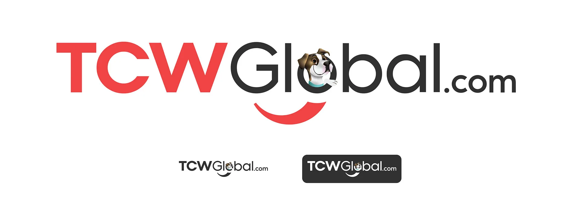 TCWGlobal.com primary logo with dog mascot, plus two smaller monochrome logo variants on white