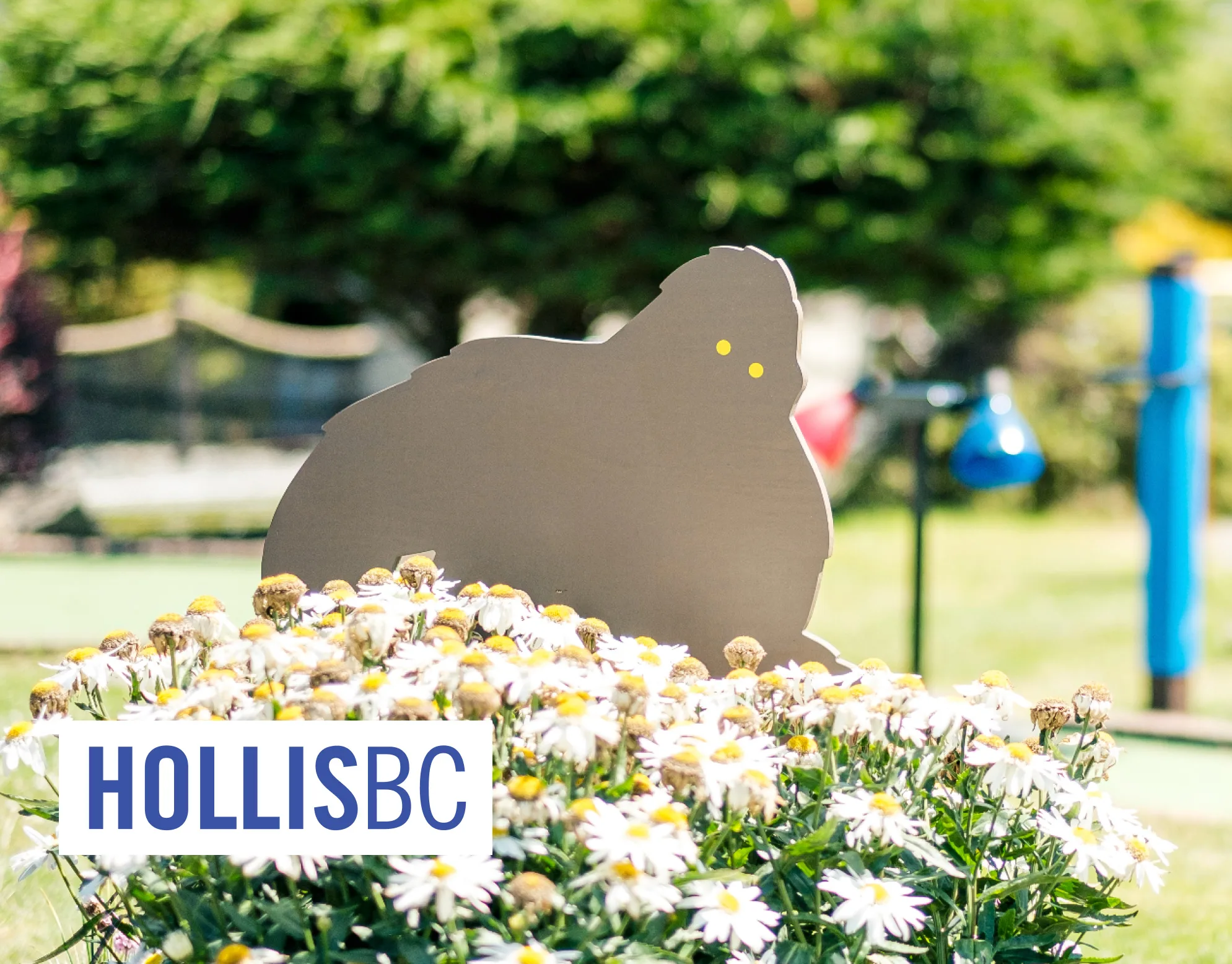 Pacific Paradise cover: bird-shaped sculpture nestled in daisy flowers with mini-golf course elements blurred in the background