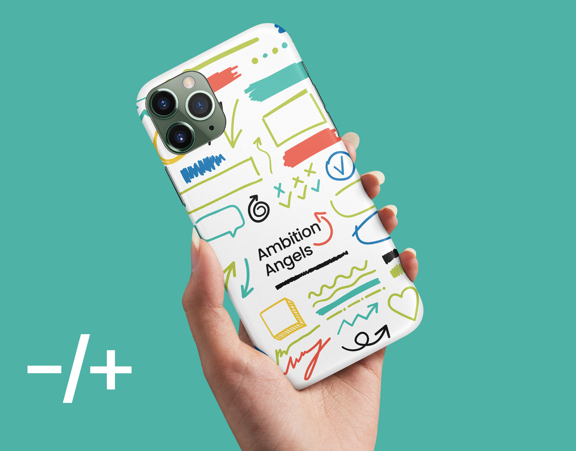 Ambition Angels cover: hand holding a phone case printed with the logo and hand-drawn doodle icons on teal