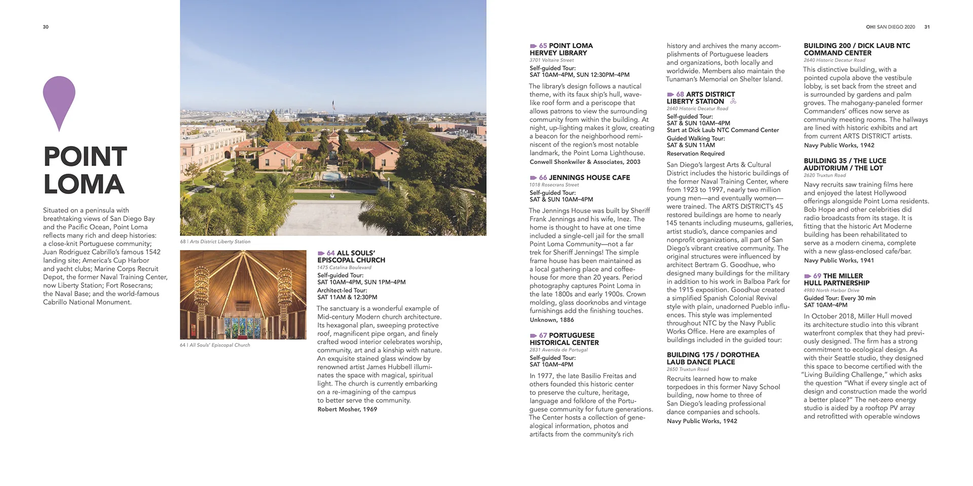 Point Loma guide spread with an aerial coastline photo, a teardrop location icon, and walking-tour listings