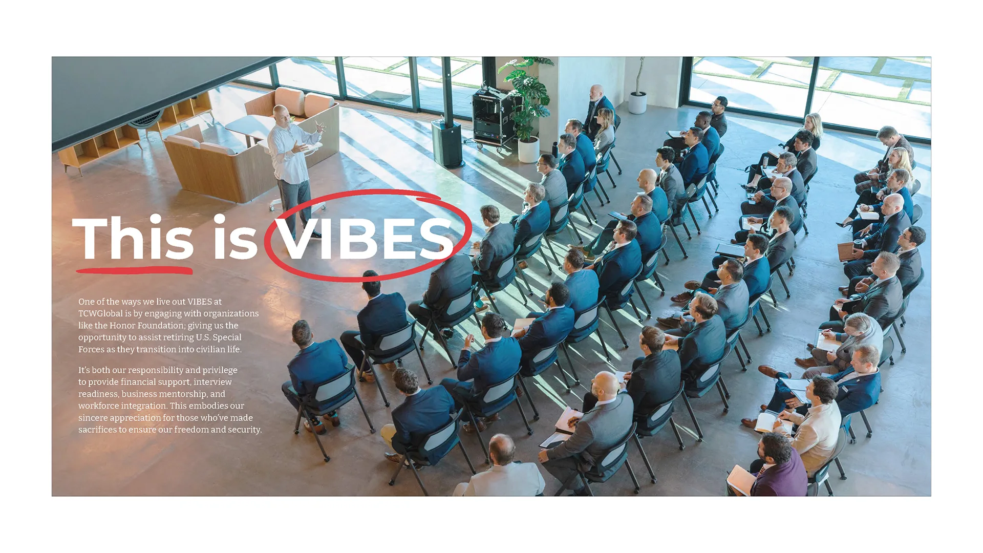 VIBES report page titled This is VIBES, with a speaker addressing a large seated audience at a company event