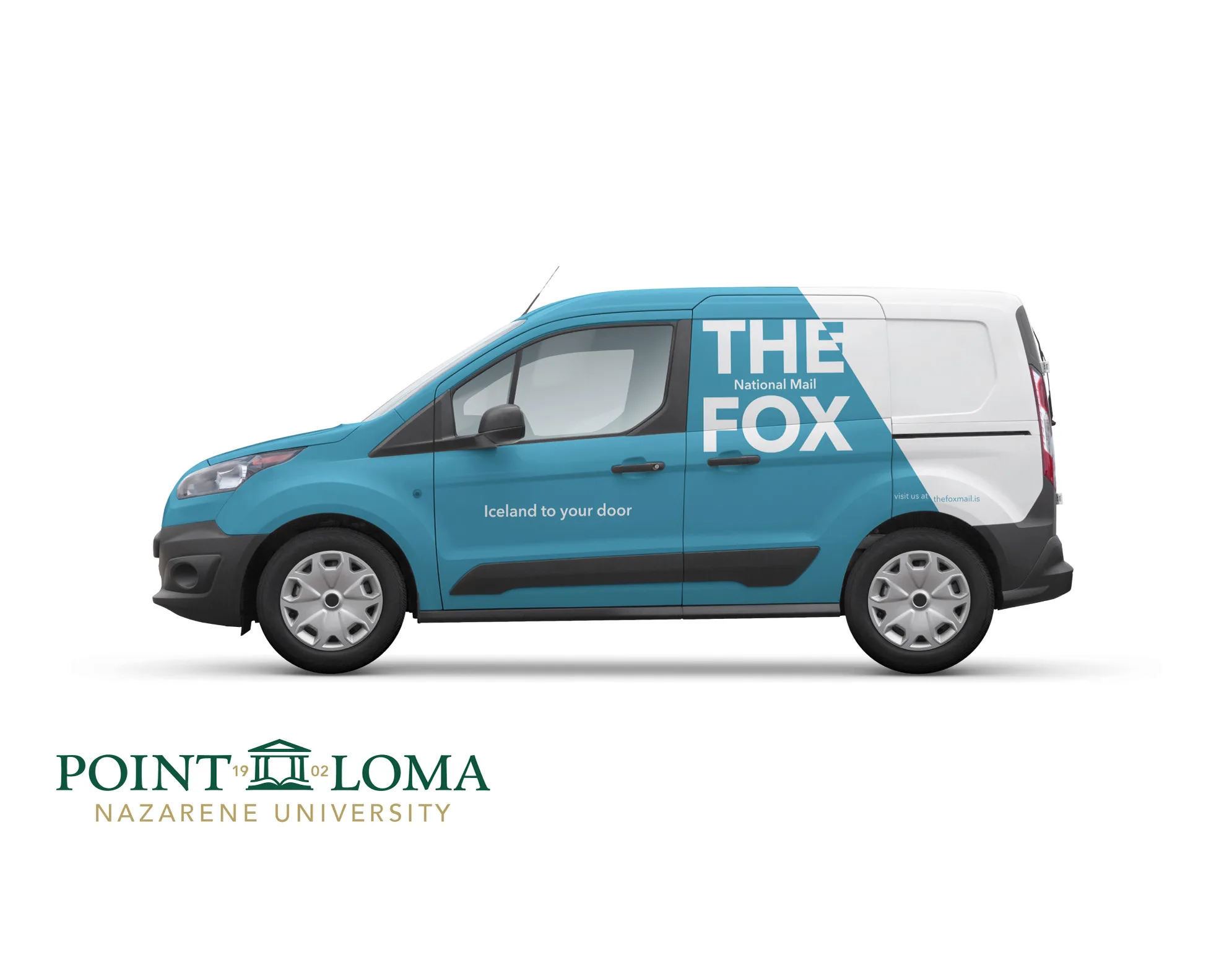Icelandic Brand Identity cover: teal and white delivery van mockup branded The Fox National Mail, Iceland to your door