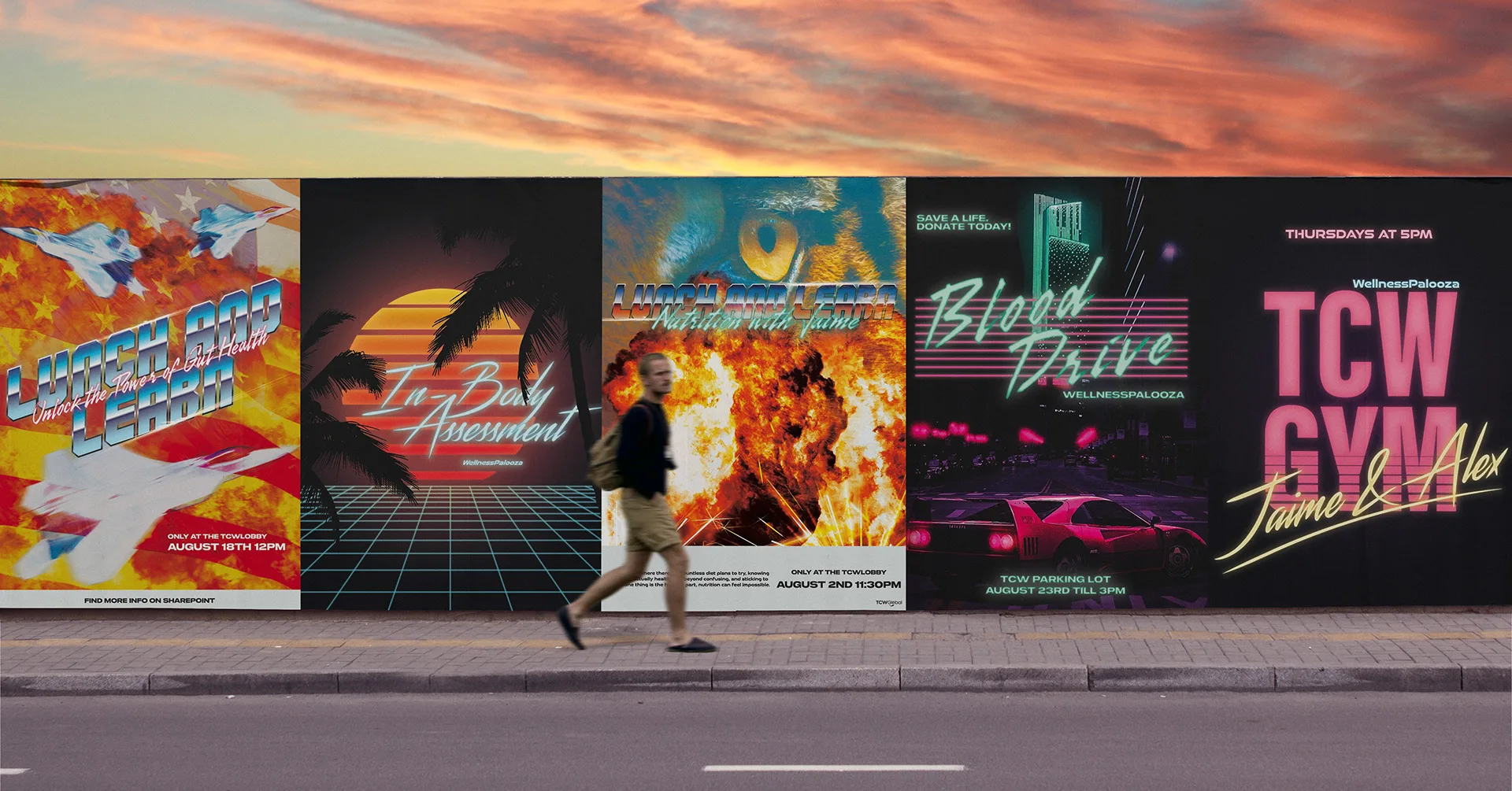 Five Wellness Palooza event posters displayed on an outdoor wall at sunset with a pedestrian passing by