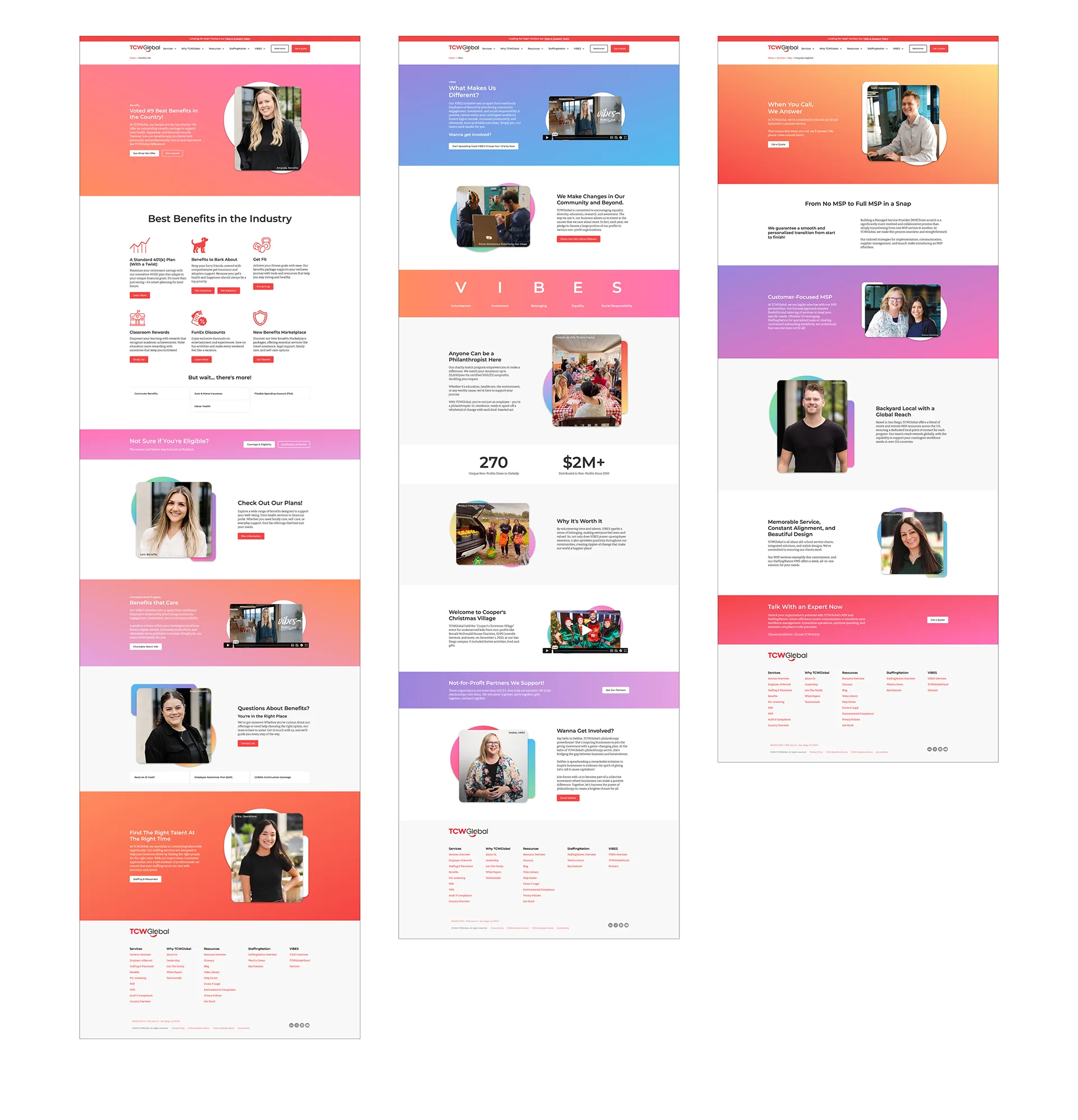 Three redesigned TCWGlobal landing pages covering employee benefits, company culture, and MSP services, shown full length