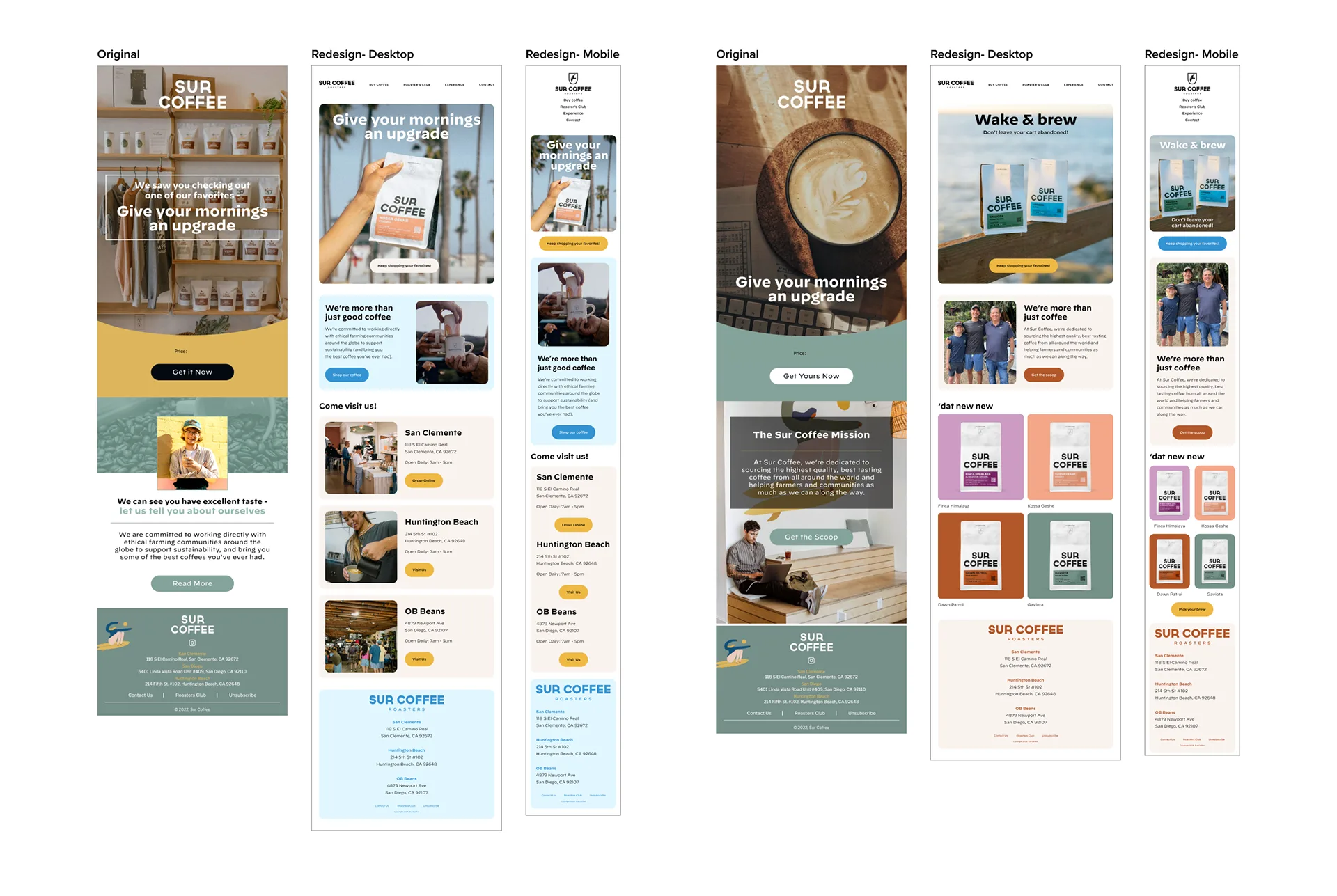 Original versus redesigned Sur Coffee email templates for the Give Your Mornings an Upgrade and Wake and Brew emails