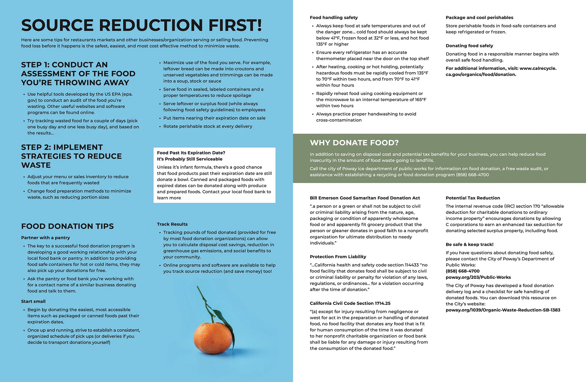Source Reduction First guide spread with food waste assessment steps, donation tips, and a photo of an orange