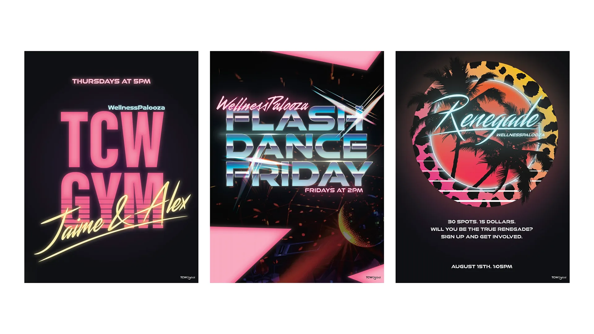 Three event posters: TCW Gym, Flash Dance Friday, and Renegade, in neon pink and blue tones