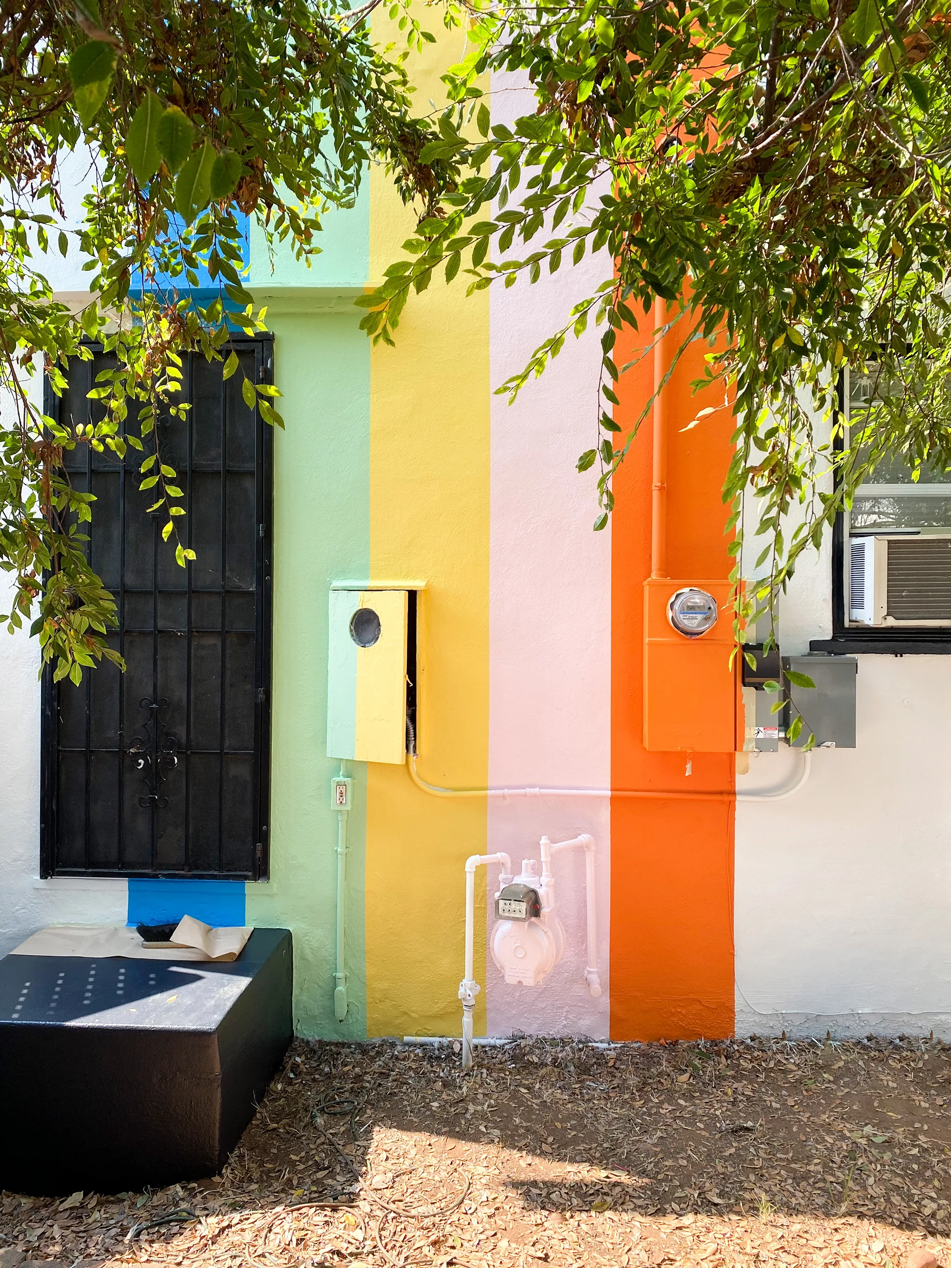 Rainbow-striped wall with a gas meter and pipes, framed by overhanging tree branches and a black storage box