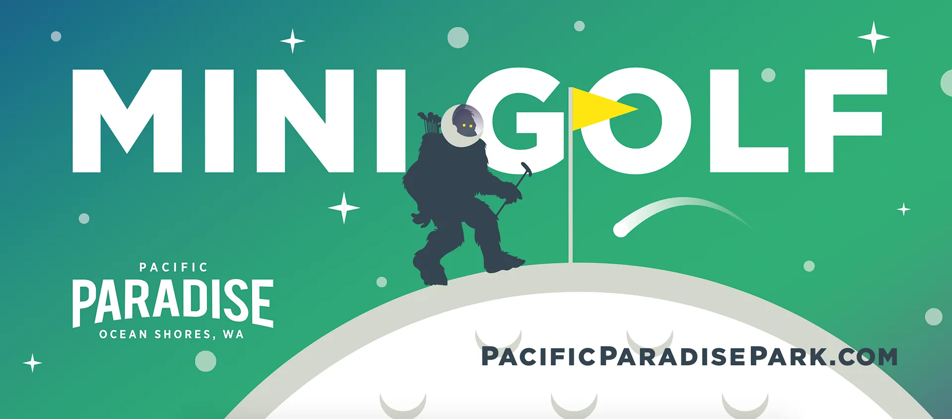 Pacific Paradise Mini Golf banner graphic with a space-helmeted bigfoot illustration putting toward a flag
