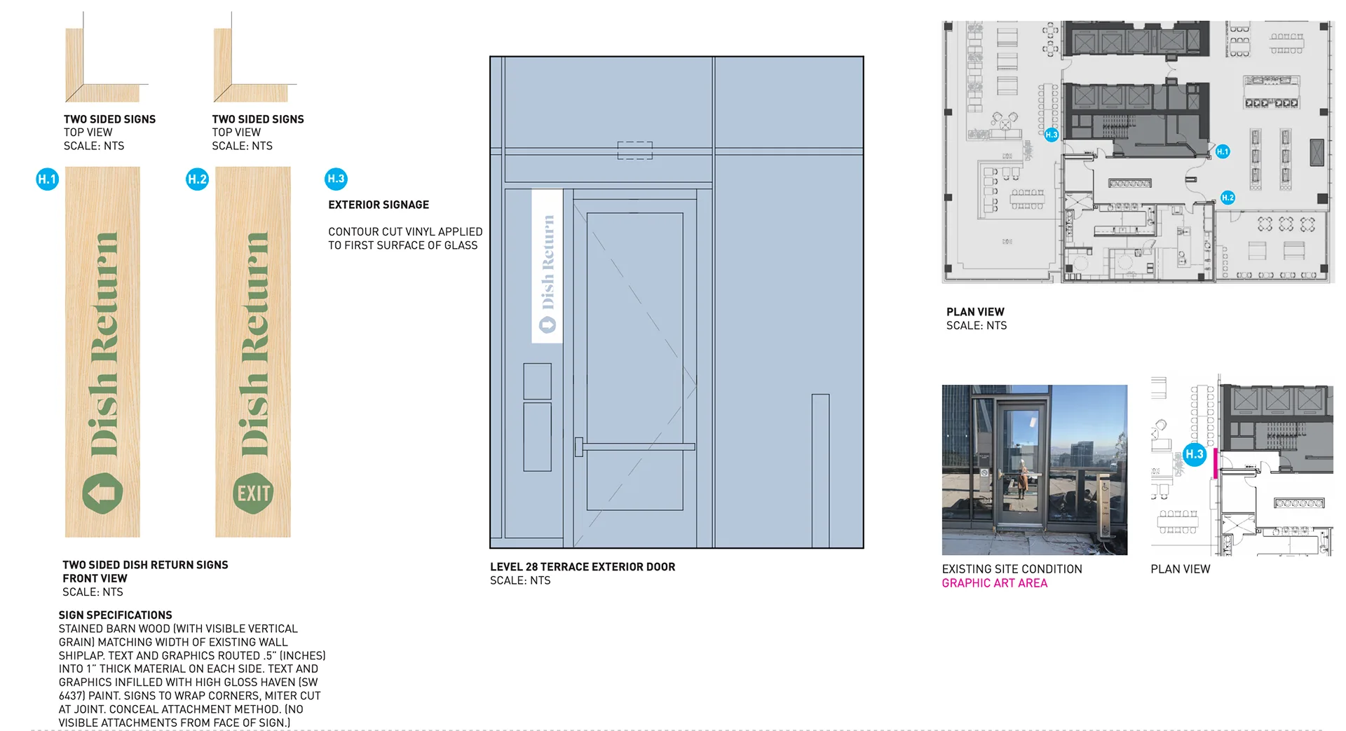 Exterior door signage spec sheet for two-sided Dish Return and Exit signs, with terrace door photo and floor plan