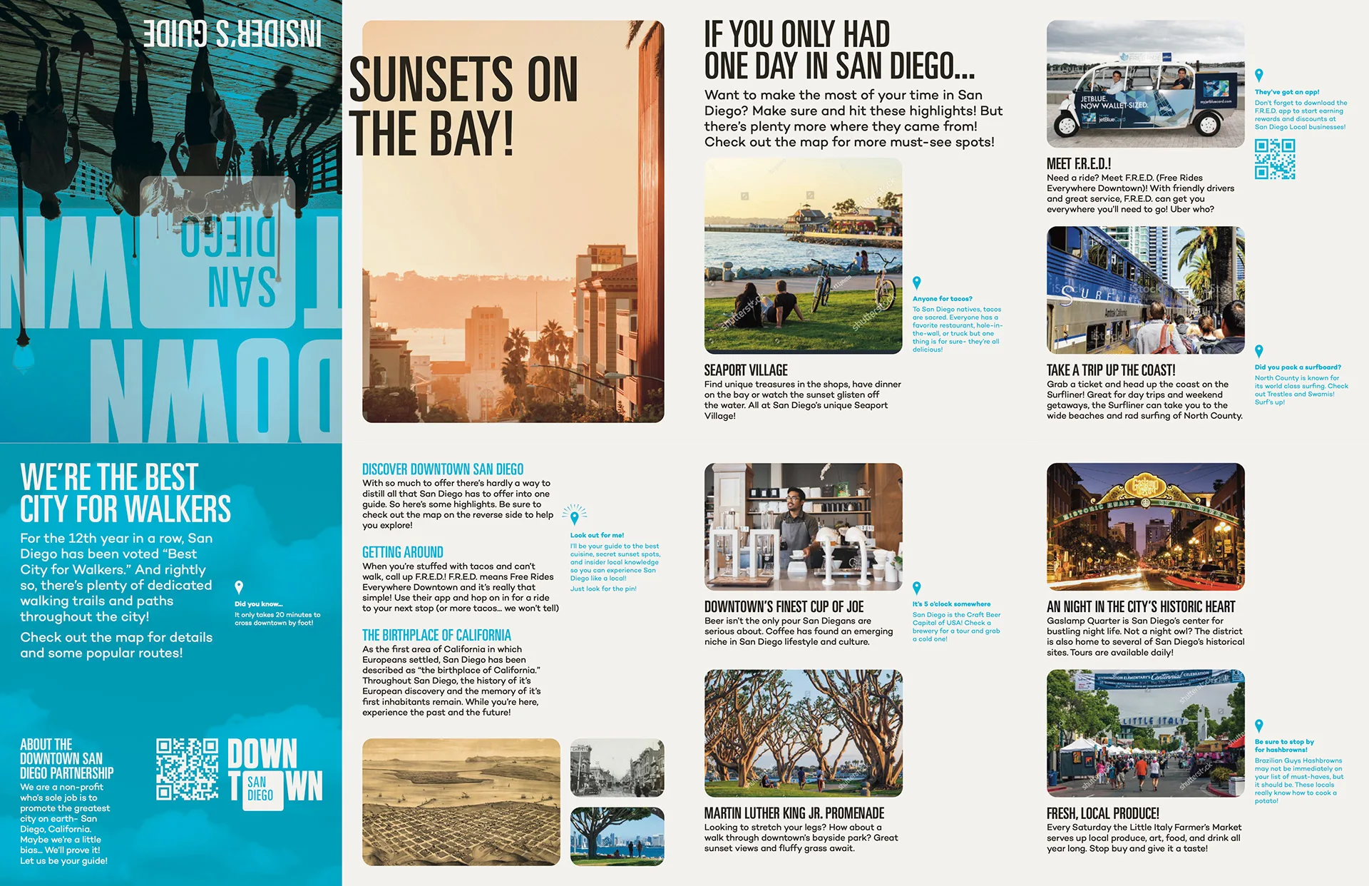 Sunsets on the Bay cover spread beside a one-day itinerary page featuring Seaport Village and Martin Luther King Promenade photos