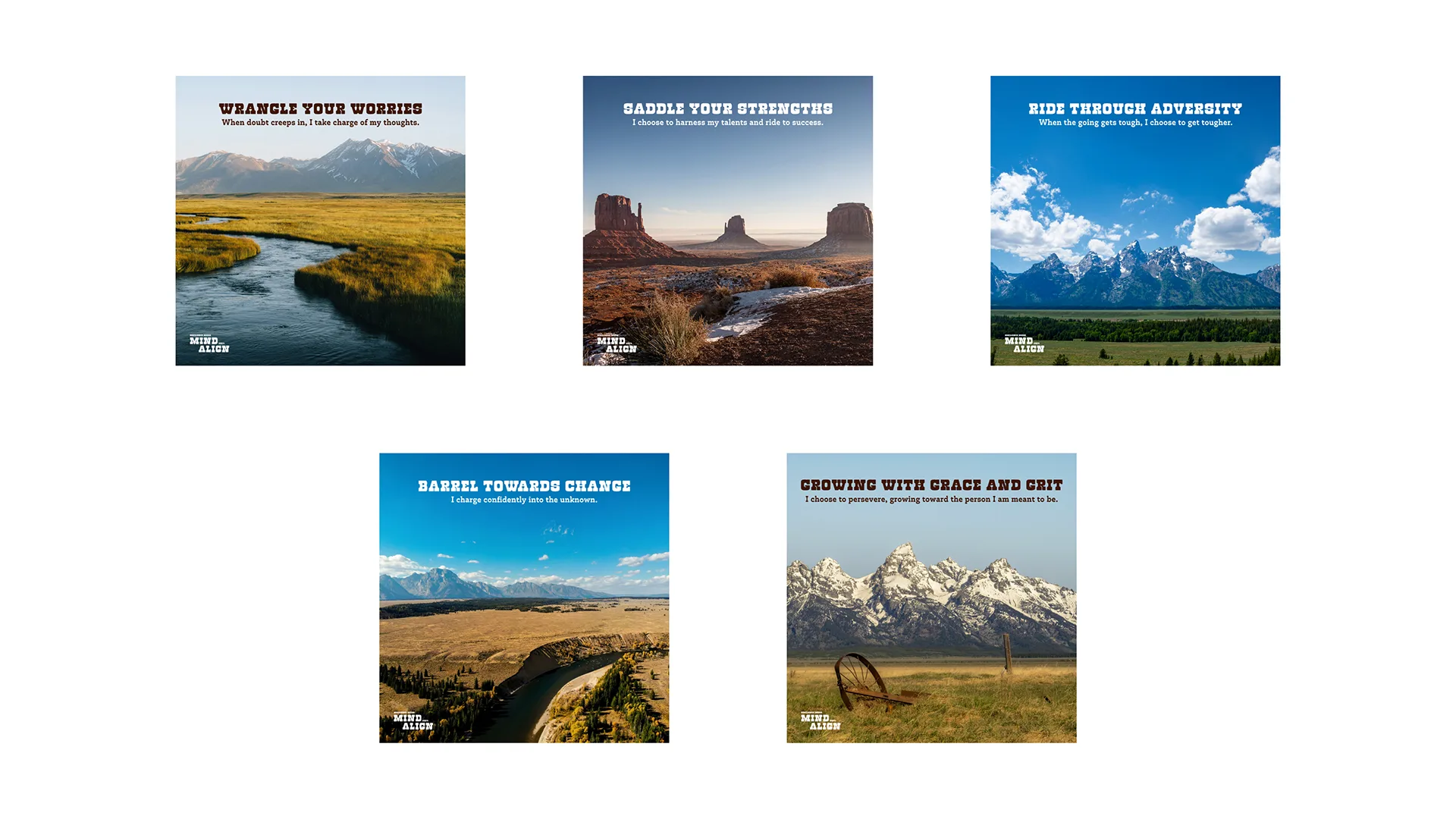Five MindAlign inspirational posters pairing Western landscape photos with cowboy-themed headlines like Wrangle Your Worries and Ride Through Adversity