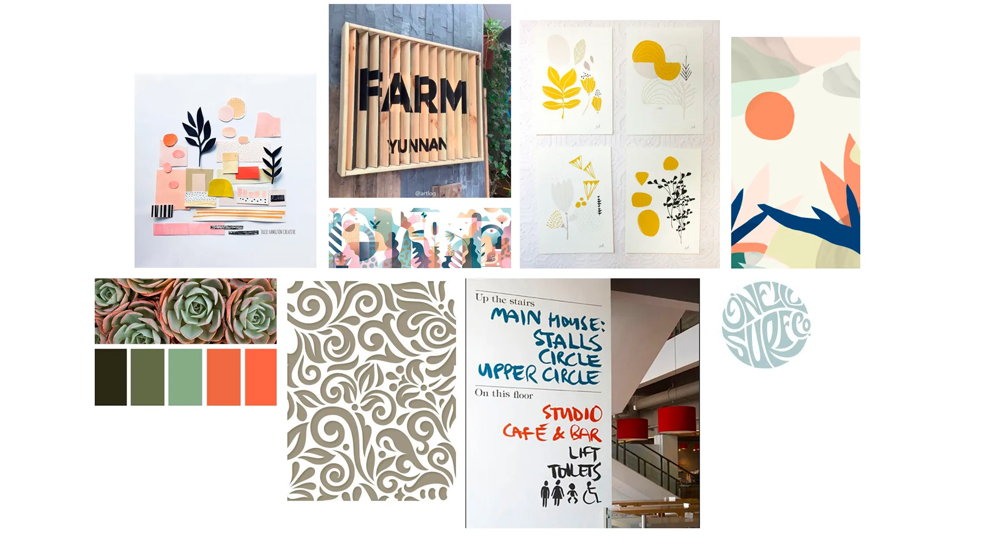 Mood board of farm signage, floral illustrations, succulents, and a sage-and-coral color palette for West Harvest
