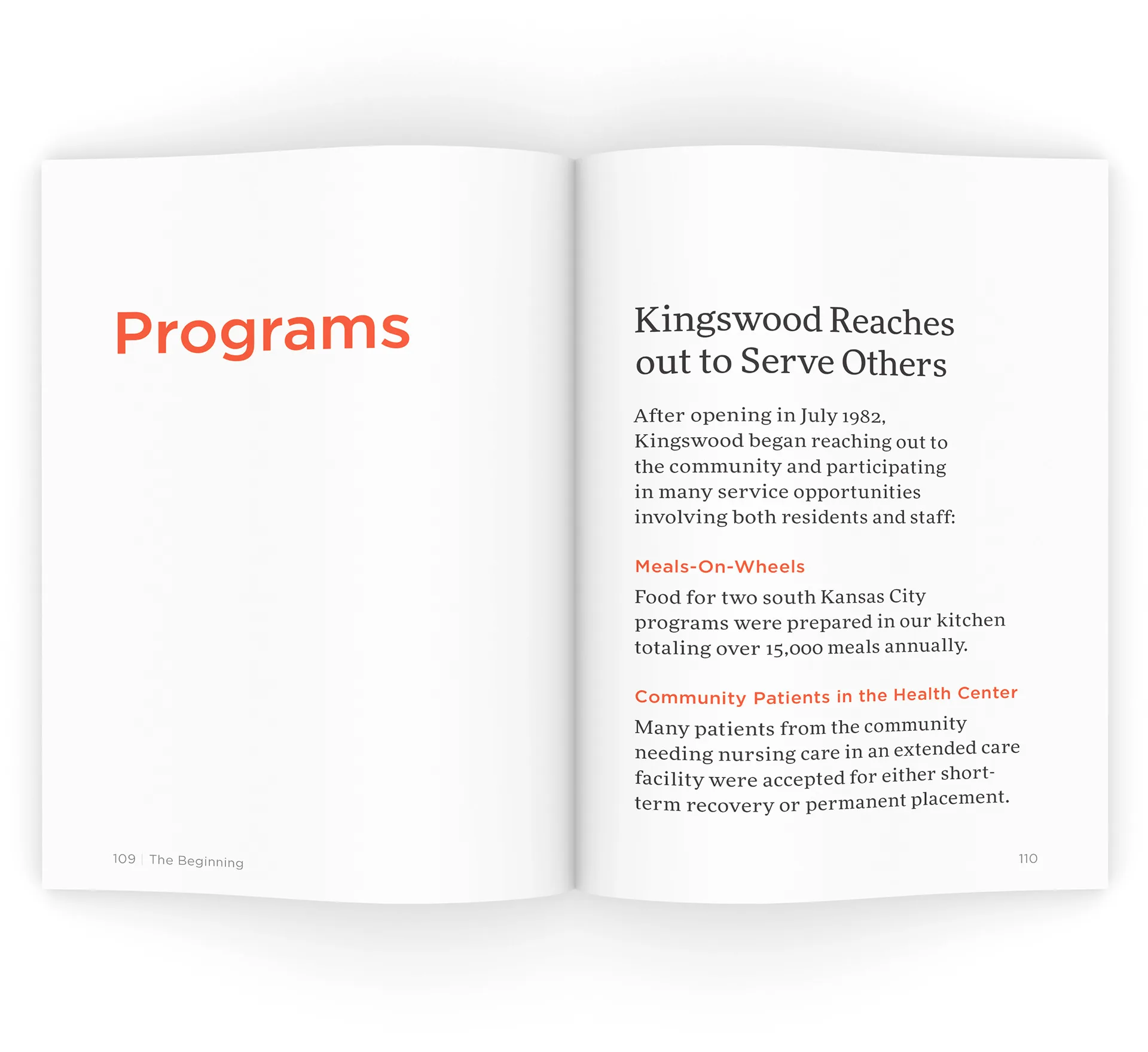 Book spread with a large orange Programs section title on the left and the Kingswood Reaches out to Serve Others chapter opener on the right