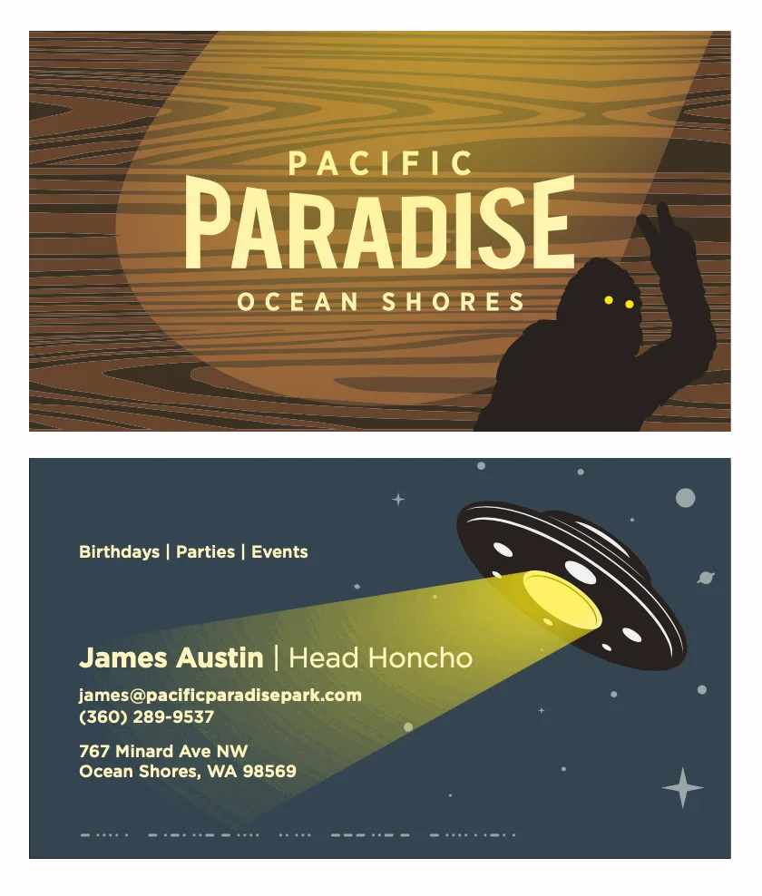 Pacific Paradise wood-grain sign graphic with a bigfoot silhouette above a UFO-themed business card design