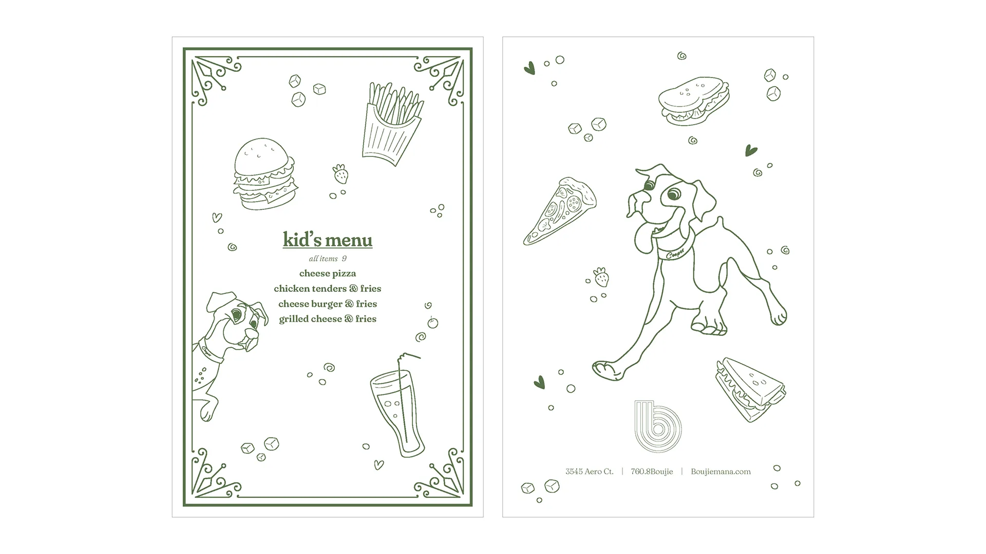 BoujieMana kids' coloring menu with a line-art dog illustration and a food-item menu bordered in green
