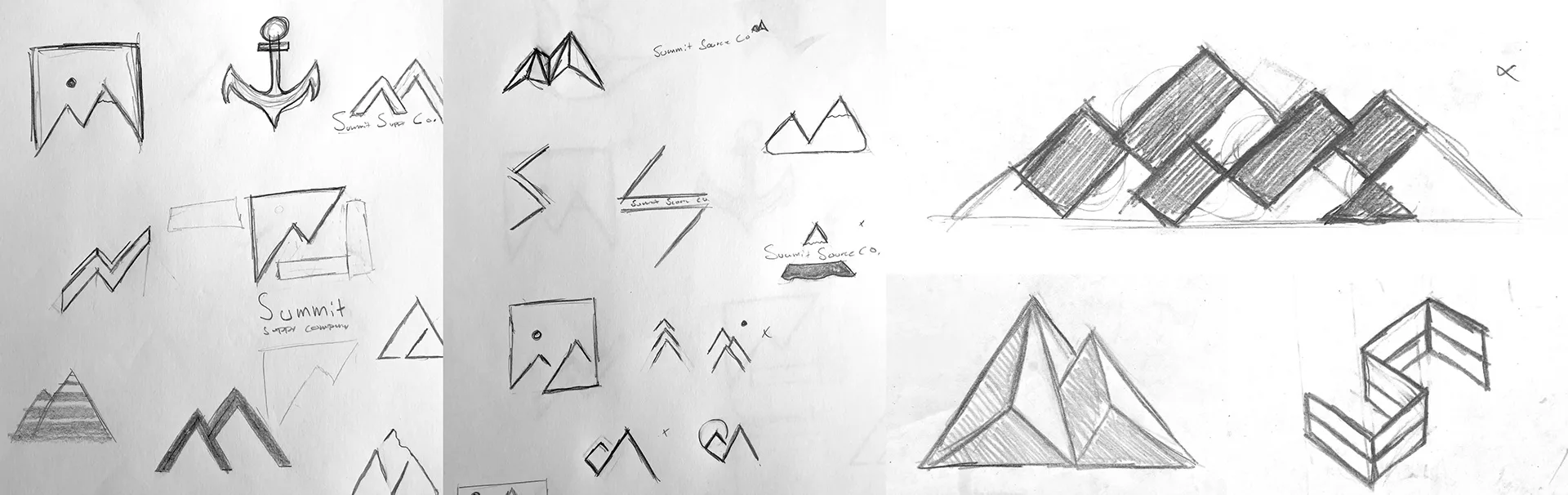 Hand-drawn concept sketches exploring mountain, anchor, and zigzag logo ideas for Summit Source Co.