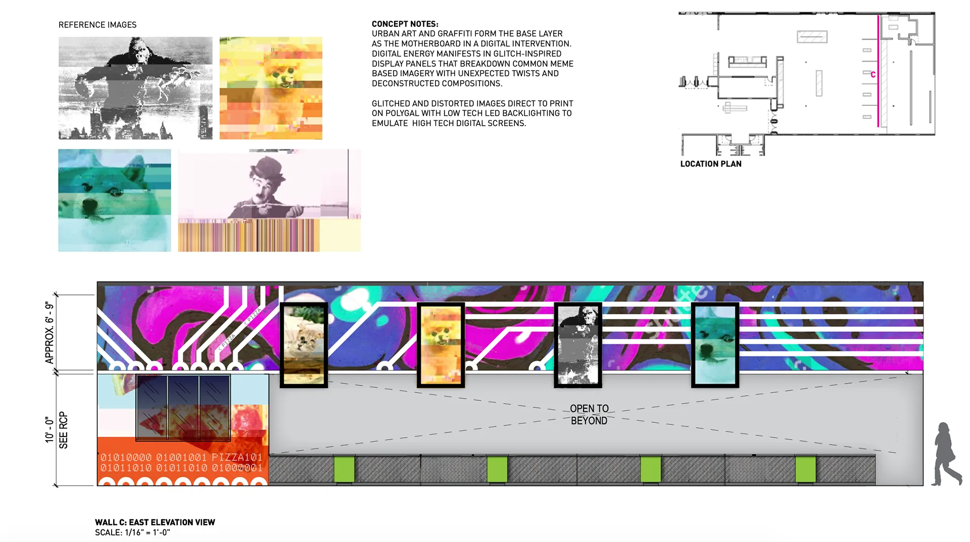 Wall elevation with a pink and blue circuit-pattern graffiti mural, inset framed art panels, and binary code accents