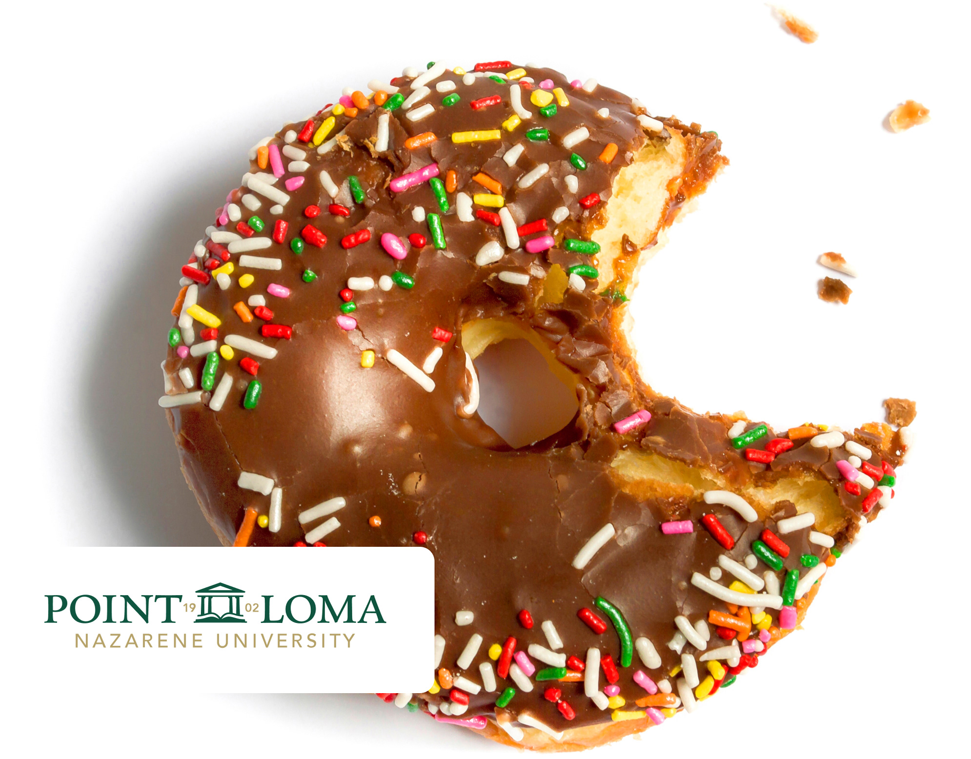 Donut Mag cover: overhead photo of a bitten chocolate-glazed donut covered in rainbow sprinkles on white