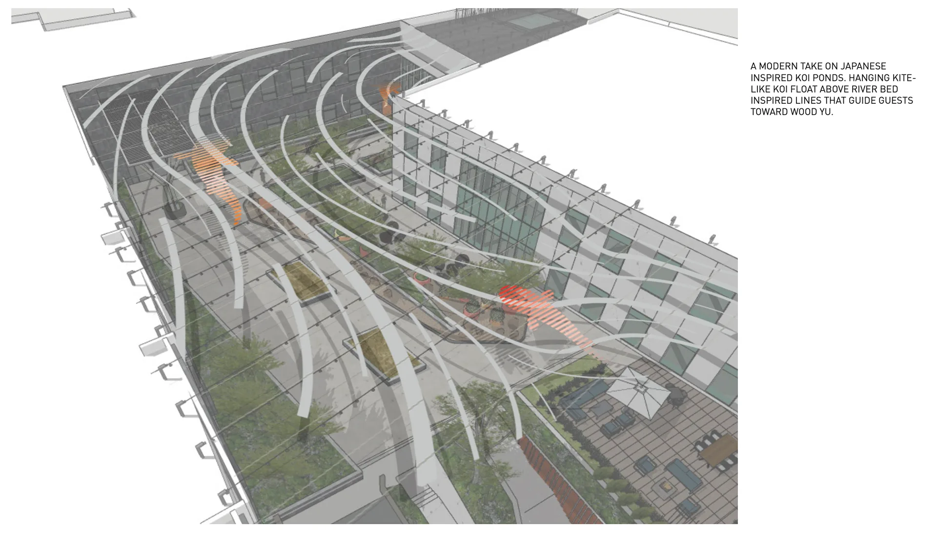 3D rendering of the Torrey Ridge courtyard with curved koi-inspired paths and hanging kite-like koi sculptures guiding guests