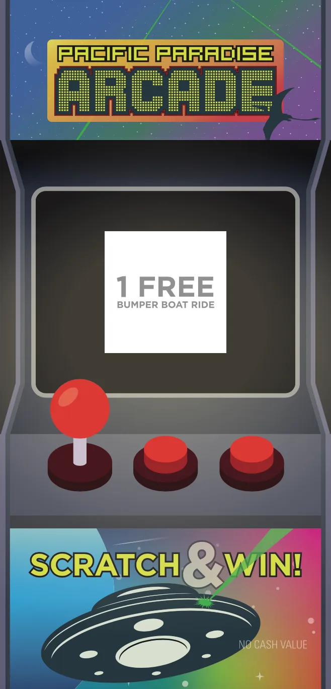Arcade-cabinet-shaped scratch-off ticket mockup offering a free bumper boat ride prize