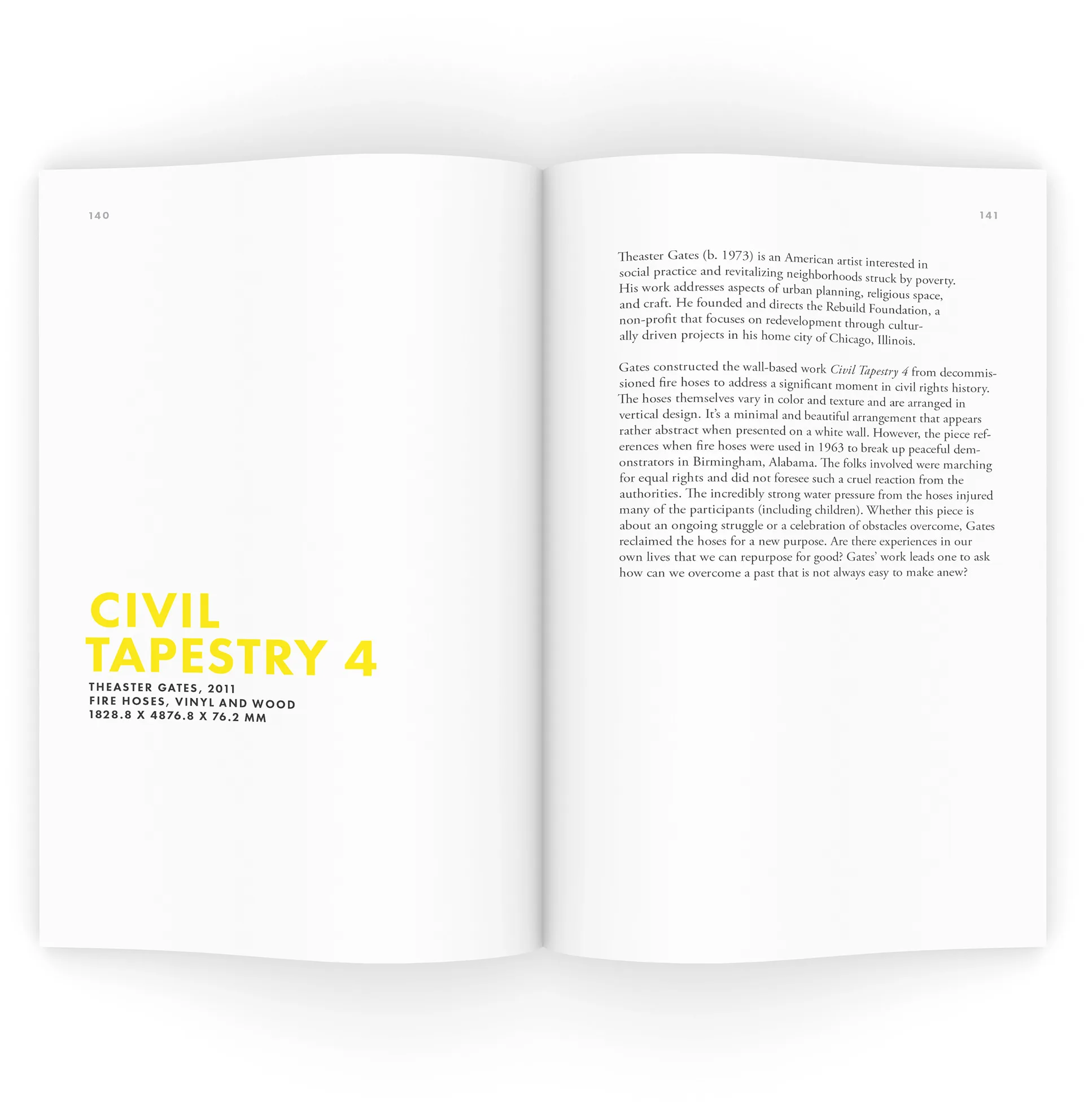 Book spread with yellow title text for Civil Tapestry 4 beside body text about artist Theaster Gates