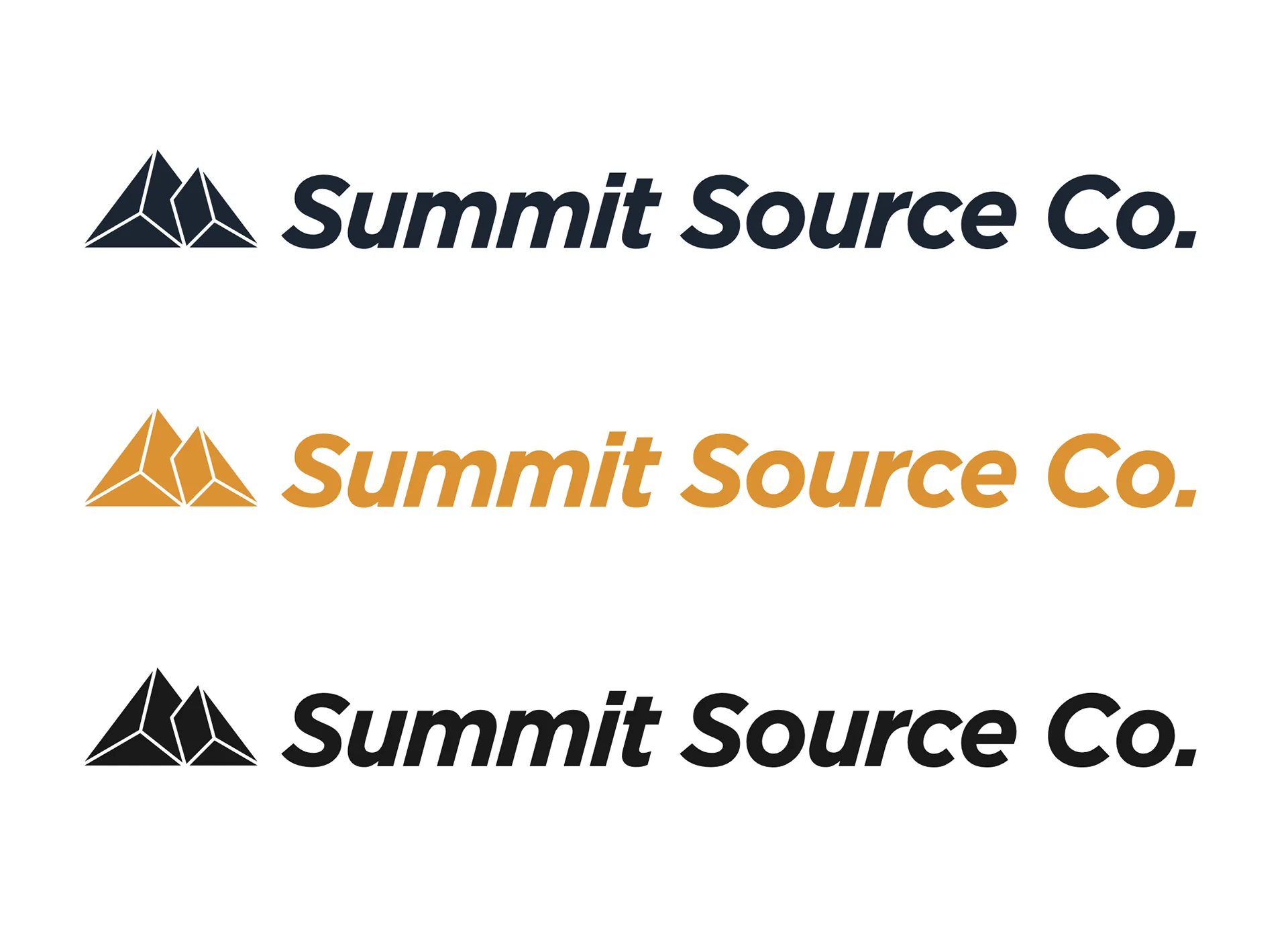 Summit Source Co. logo lockups in navy, orange, and black, pairing the mountain icon with the wordmark