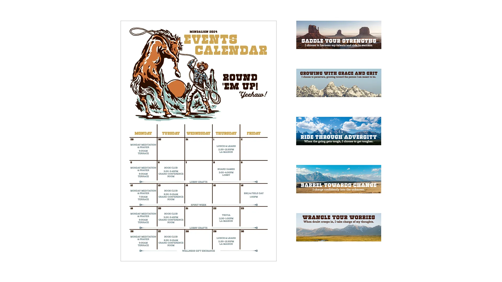 MindAlign 2024 events calendar with a roping cowboy illustration and a blank weekly grid, beside five Western-landscape motivational banner thumbnails