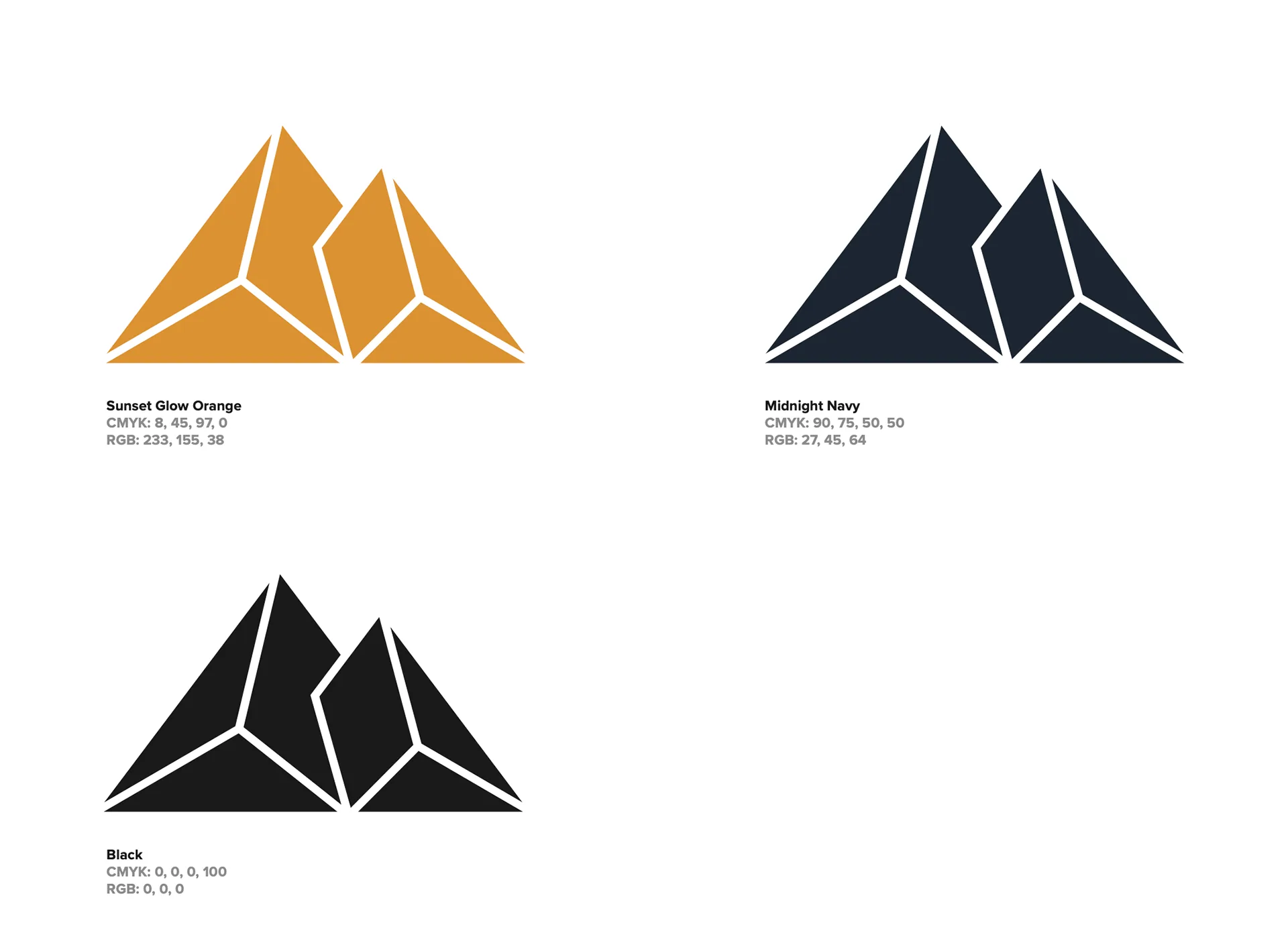Brand color palette: Sunset Glow orange, Midnight Navy, and black mountain icons with CMYK and RGB values