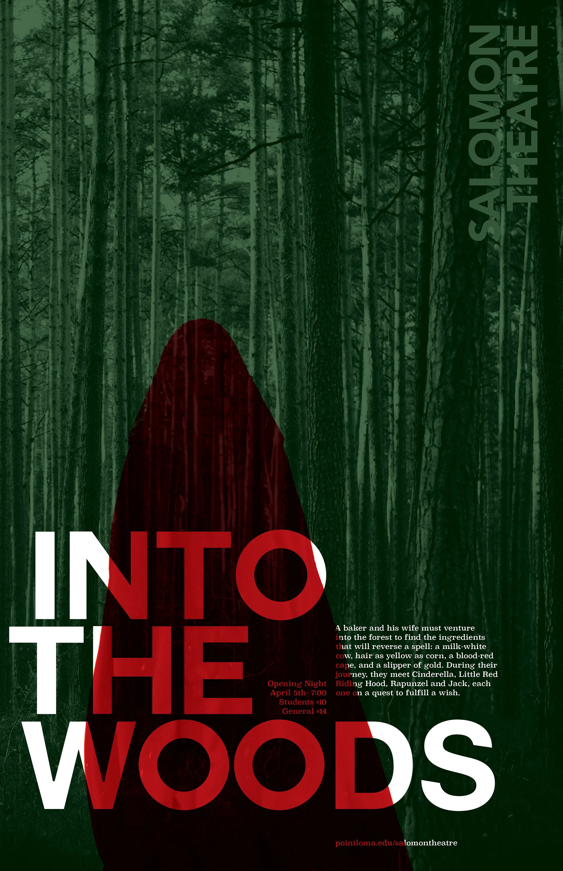 Dark green Into the Woods poster with a red Little Red Riding Hood cloak silhouette in the forest
