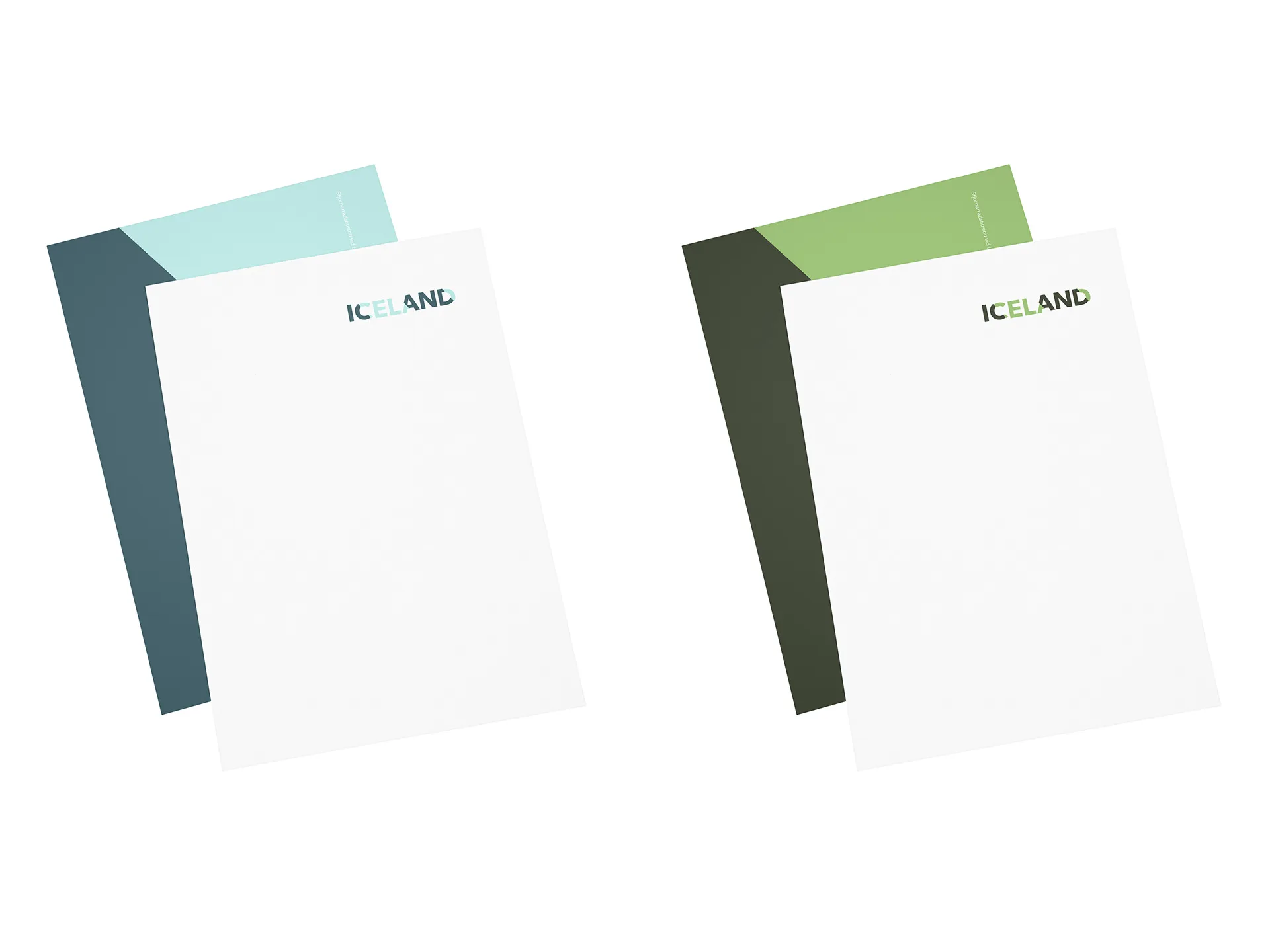 Two Iceland letterhead mockups in teal and green color palettes, each showing the angled Iceland wordmark