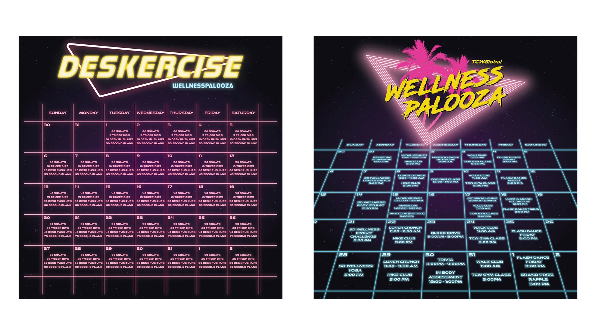Deskercise and Wellness Palooza monthly calendars listing daily desk-exercise and event schedules