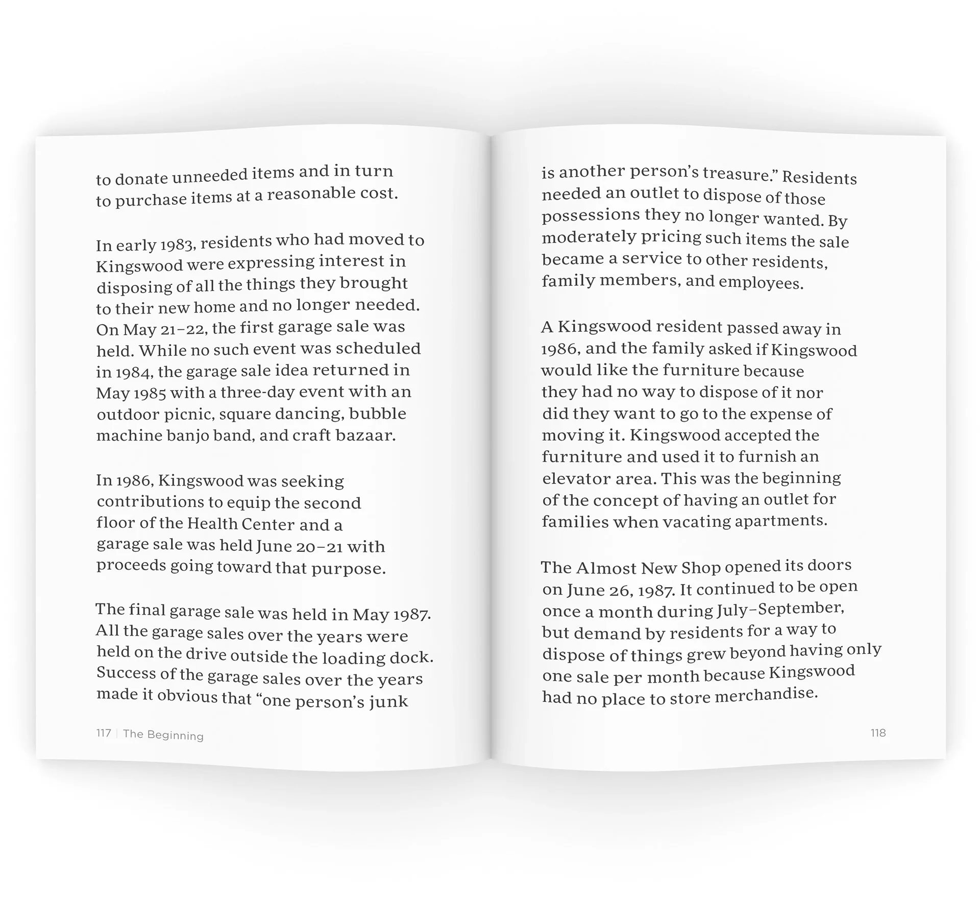 Two-page spread of large, widely spaced body text from the book's Beginning chapter about Kingswood's garage sale history
