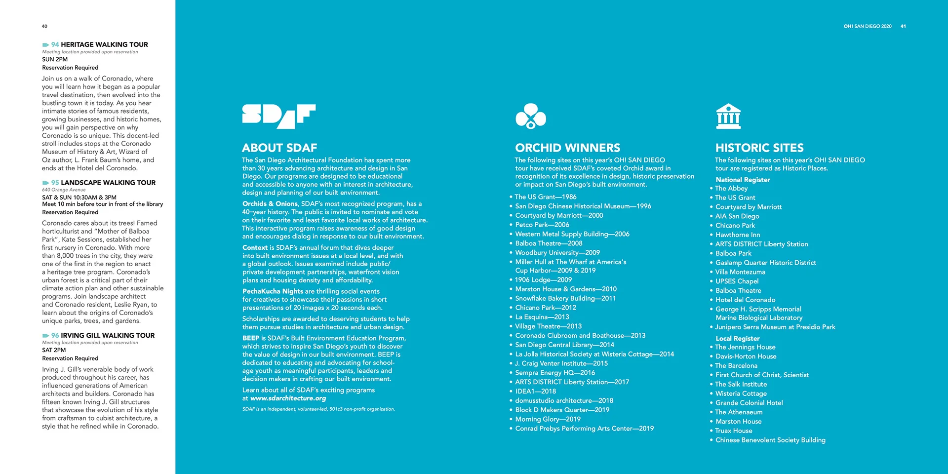 Guide spread covering About SDAF, orchid winners, and historic sites, each marked with a small line icon