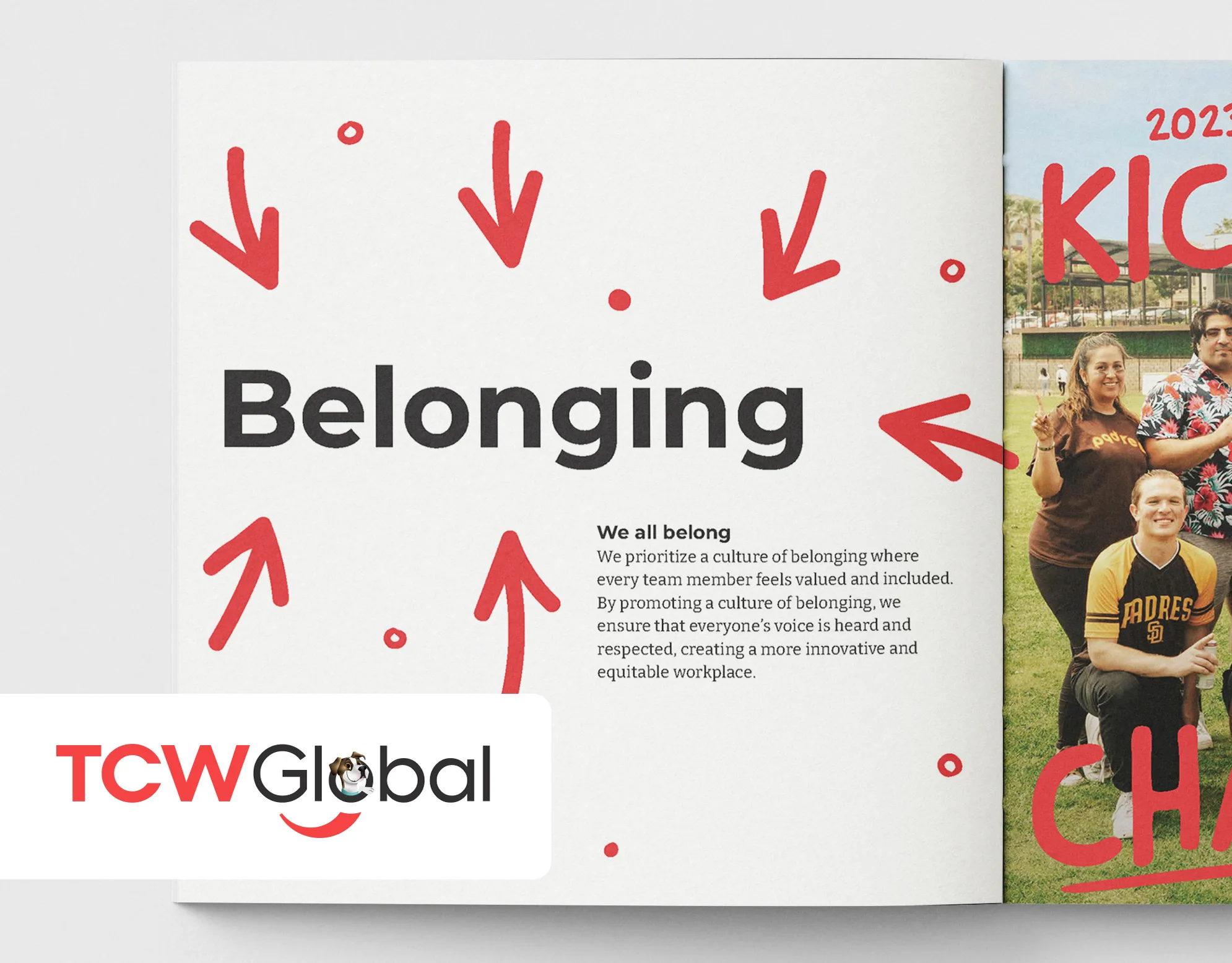 VIBES cover: open brochure spread with a Belonging headline beside a group photo at a kickball event