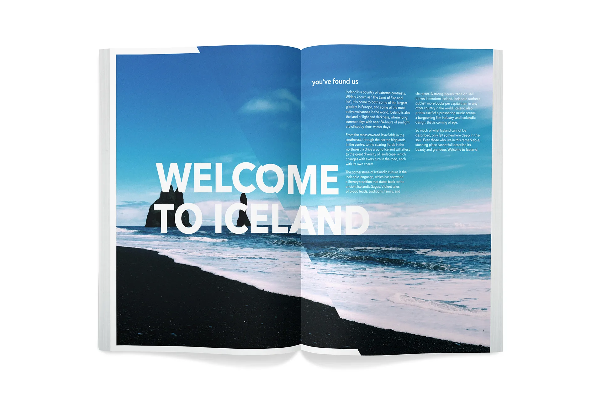 Open brand book spread with a black sand beach photo bleeding across the page and the headline Welcome to Iceland