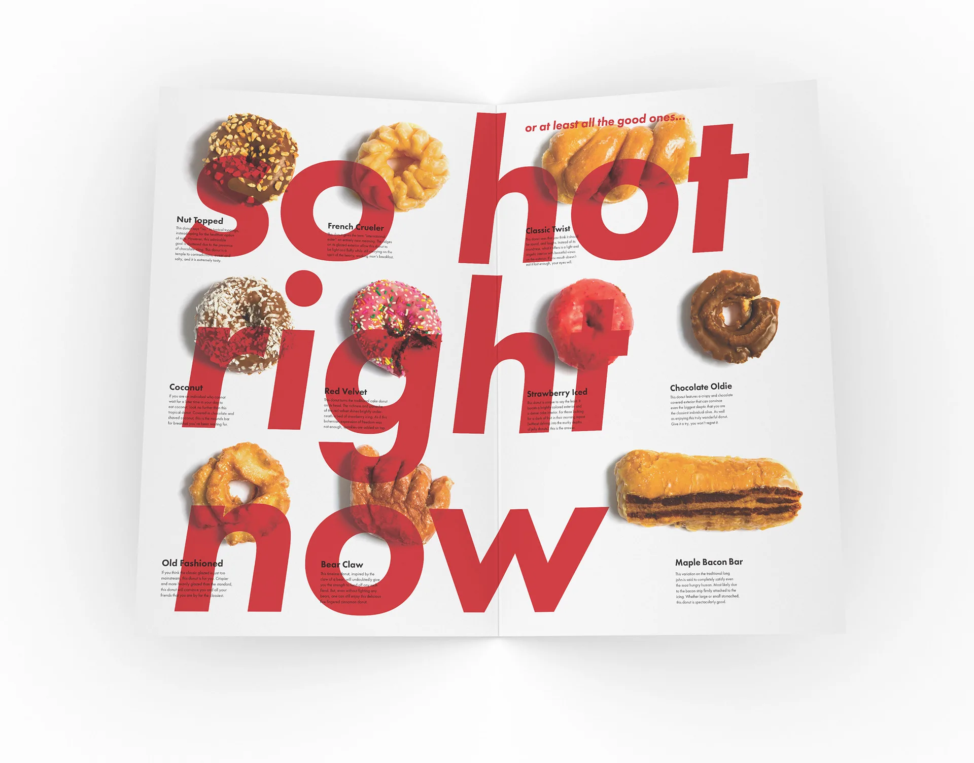 Donut Mag spread headlined so hot right now, red type overlapping photos of assorted donuts